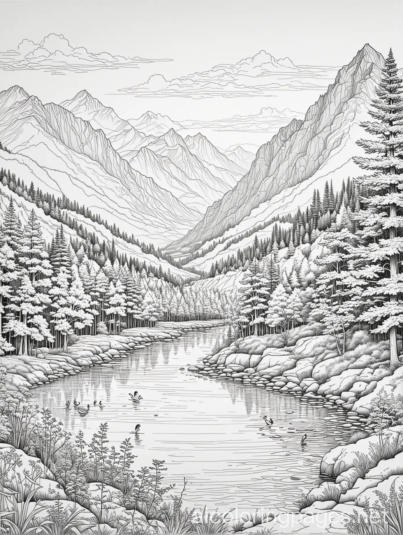 Nature based element, panorama or view, black and white for coloring, bit detailed drawing for adults, can be birds, trees, river, mountain and so on
, Coloring Page, black and white, line art, white background, Simplicity, Ample White Space. The background of the coloring page is plain white to make it easy for young children to color within the lines. The outlines of all the subjects are easy to distinguish, making it simple for kids to color without too much difficulty