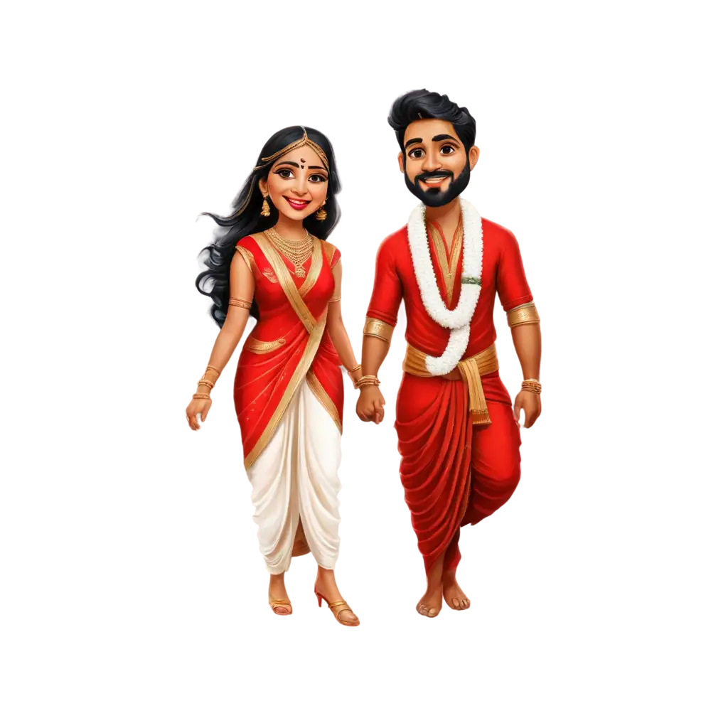 south indian wedding couple for caricature with bride wearning dhothi and grrom wearing red saree