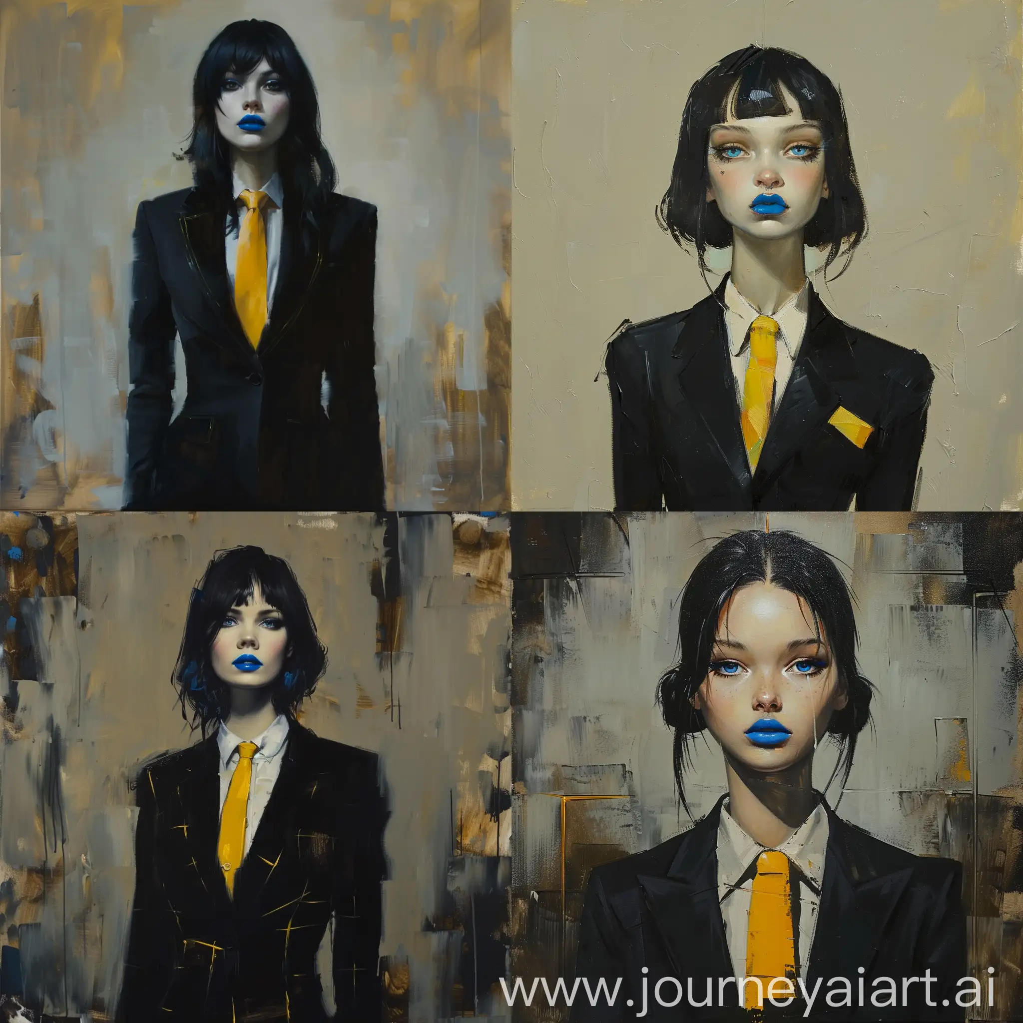 A beautiful girl with black hair, a square, blue lips, stands in a classic black suit, yellow tie . Oil painting 