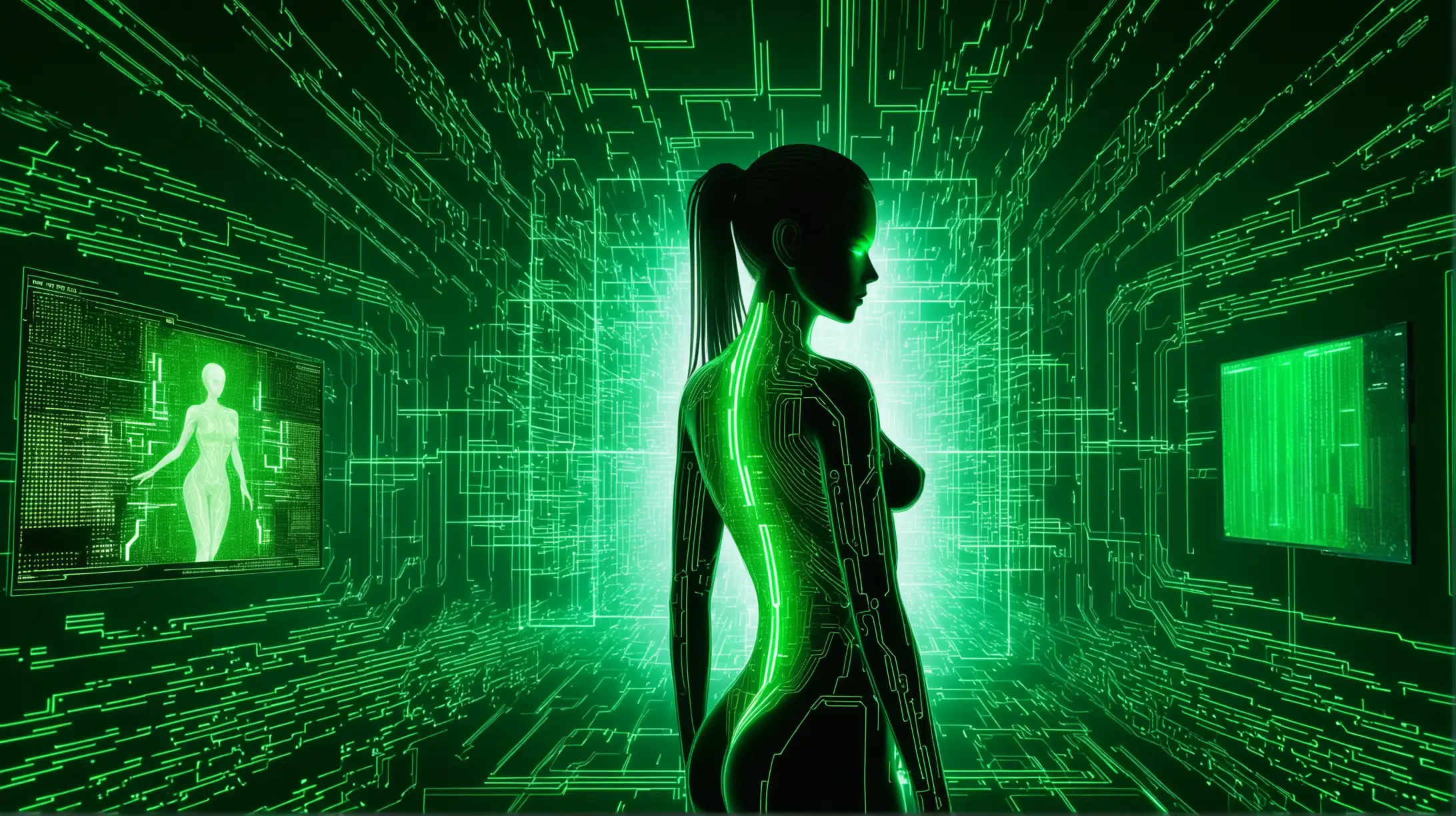 A sexy woman figure in green matrix-like code, translucent figures, digital interface, neural network visualization, futuristic technology, data streams, glowing green lines, cyberpunk aesthetic, advanced computer graphics, intricate patterns, high-tech concept, dark background, sci-fi style, detailed and immersive, luminous green hues, dynamic lighting effects.