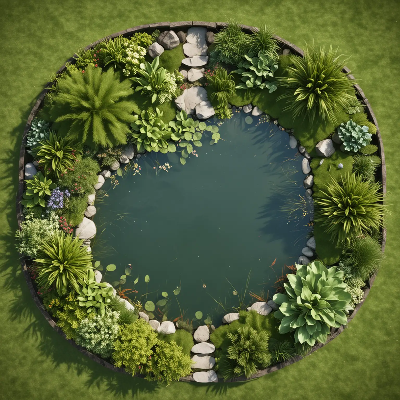 Natural Ponds with Garden and Grass in Plan View