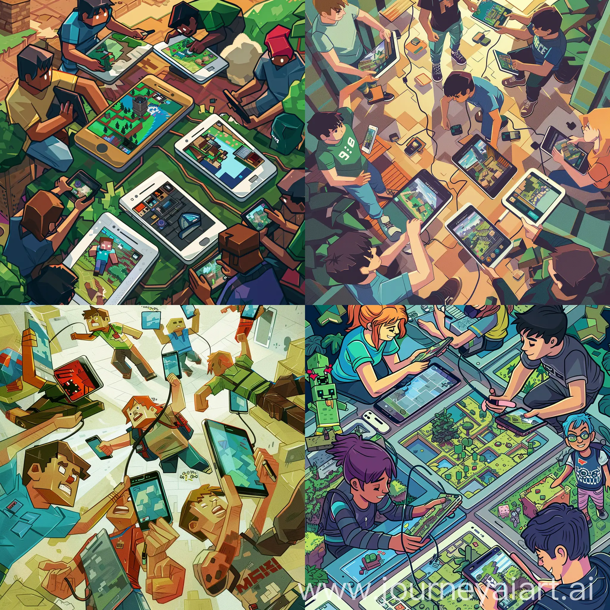 An engaging digital illustration portraying a group of friends immersed in cooperative gameplay on their mobile phones, delving into the world of Minecraft. The scene depicts the excitement and camaraderie as they navigate through the process of downloading and installing Minecraft on their devices. Each friend is depicted with their unique device, showcasing the versatility of mobile gaming. A sense of collaboration and exploration permeates the image, as they collectively embark on their Minecraft journey. Vibrant colors and dynamic poses capture the enthusiasm and energy of the gaming experience, while subtle details convey the intricacies of setting up accounts and selecting gameplay modes. The illustration offers a visual guide to the essential elements of controlling Minecraft on mobile devices, without relying on textual cues. 
