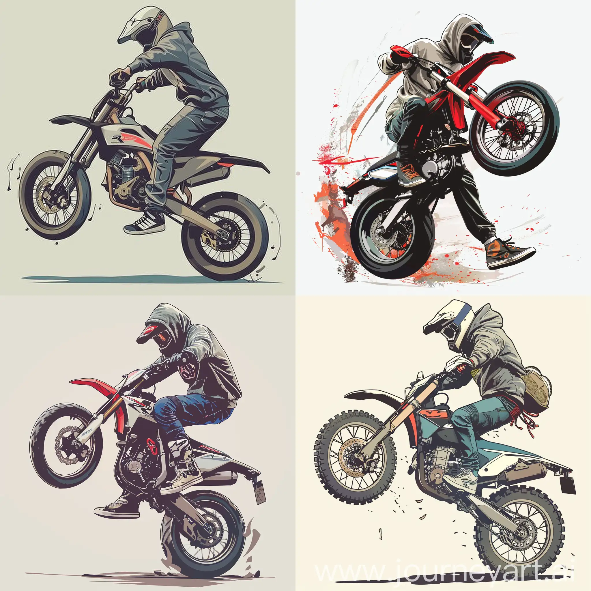 сгенерируй изображение, где мотоциклист едет на заднем колесе (стант) на эндуро мотоцикле или кроссовм, мотоциклист одет в шлем, худи, кроссовки