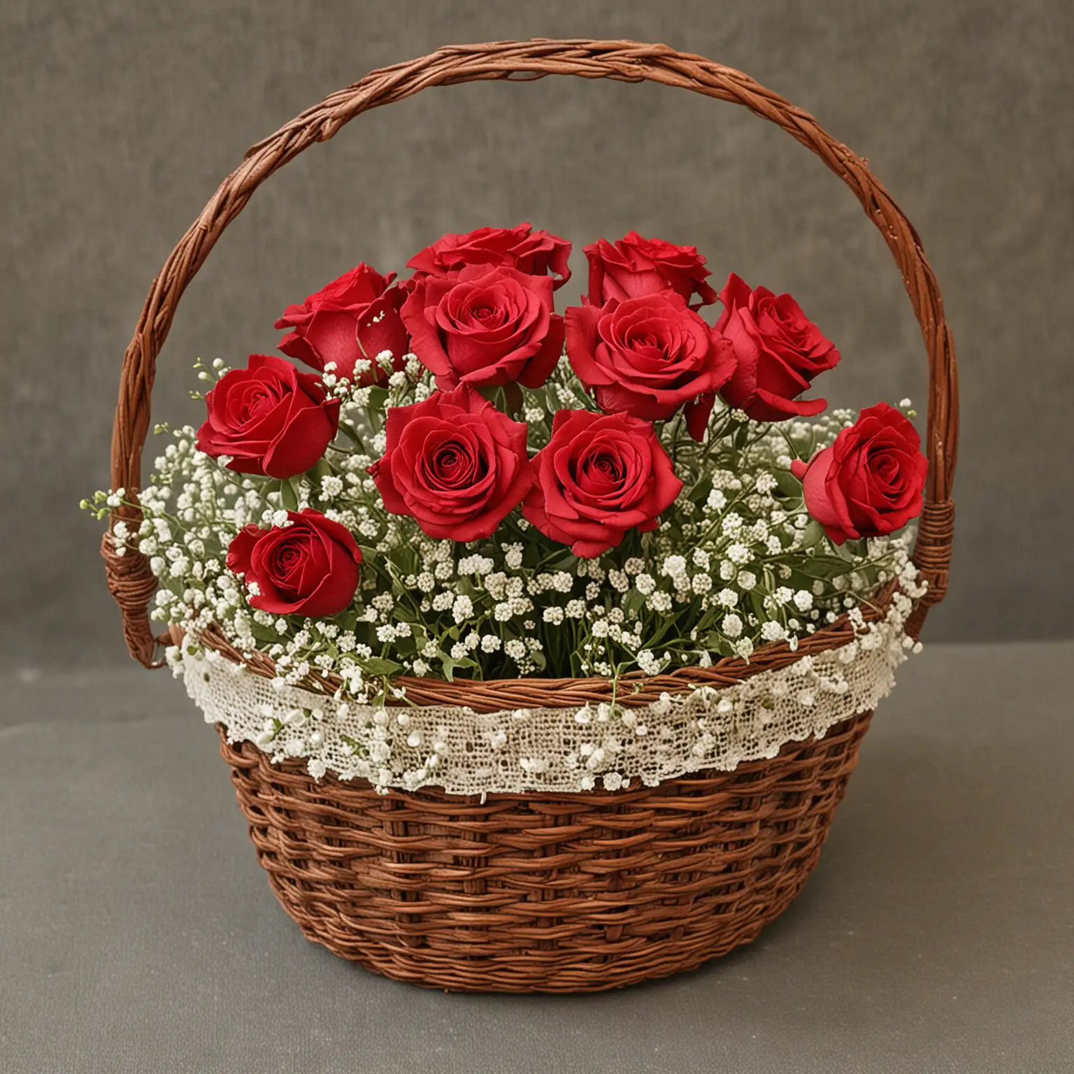 a very small worn and rustic handwoven basket filled with several red roses and baby's breath; keep the basket small enough that only 5 red roses will fit in it