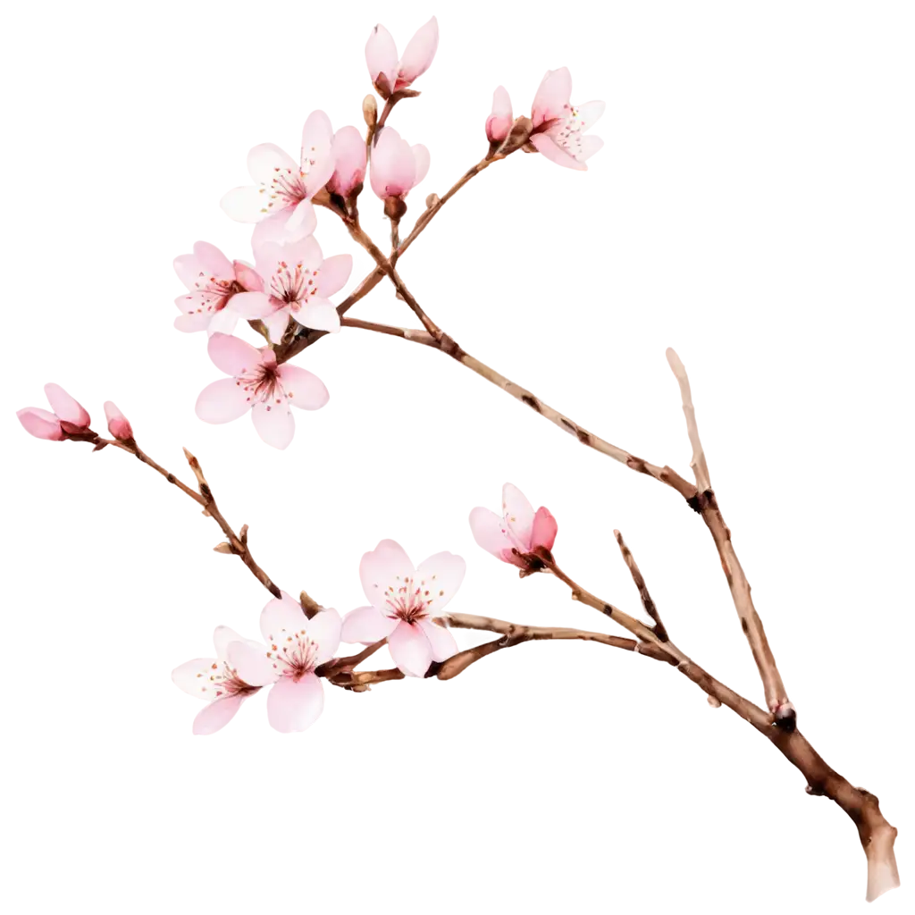 "A beautiful watercolor clipart of a cherry blossom branch, with soft pink flowers and delicate brown twigs, isolated on a white background."


