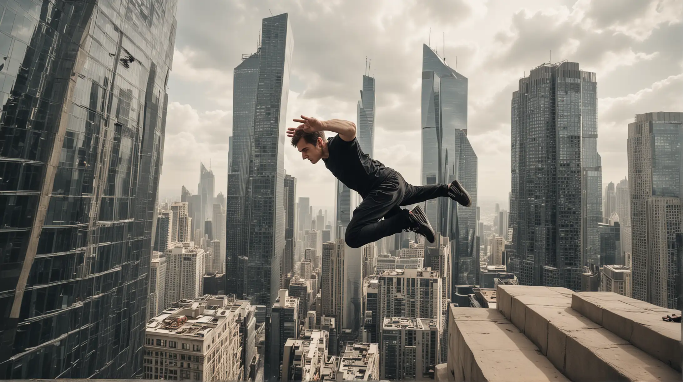 parkour athlete performing a precision jump between two skyscrapers, captured mid-action with a breathtaking city backdrop."