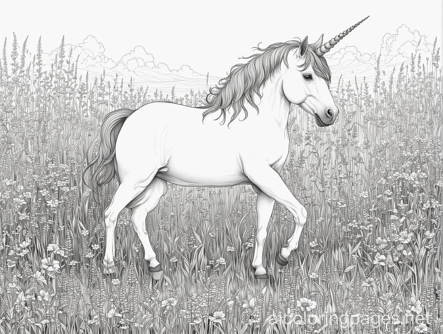 unicorn in grass field, Coloring Page, black and white, line art, white background, Simplicity, Ample White Space. The background of the coloring page is plain white to make it easy for young children to color within the lines. The outlines of all the subjects are easy to distinguish, making it simple for kids to color without too much difficulty