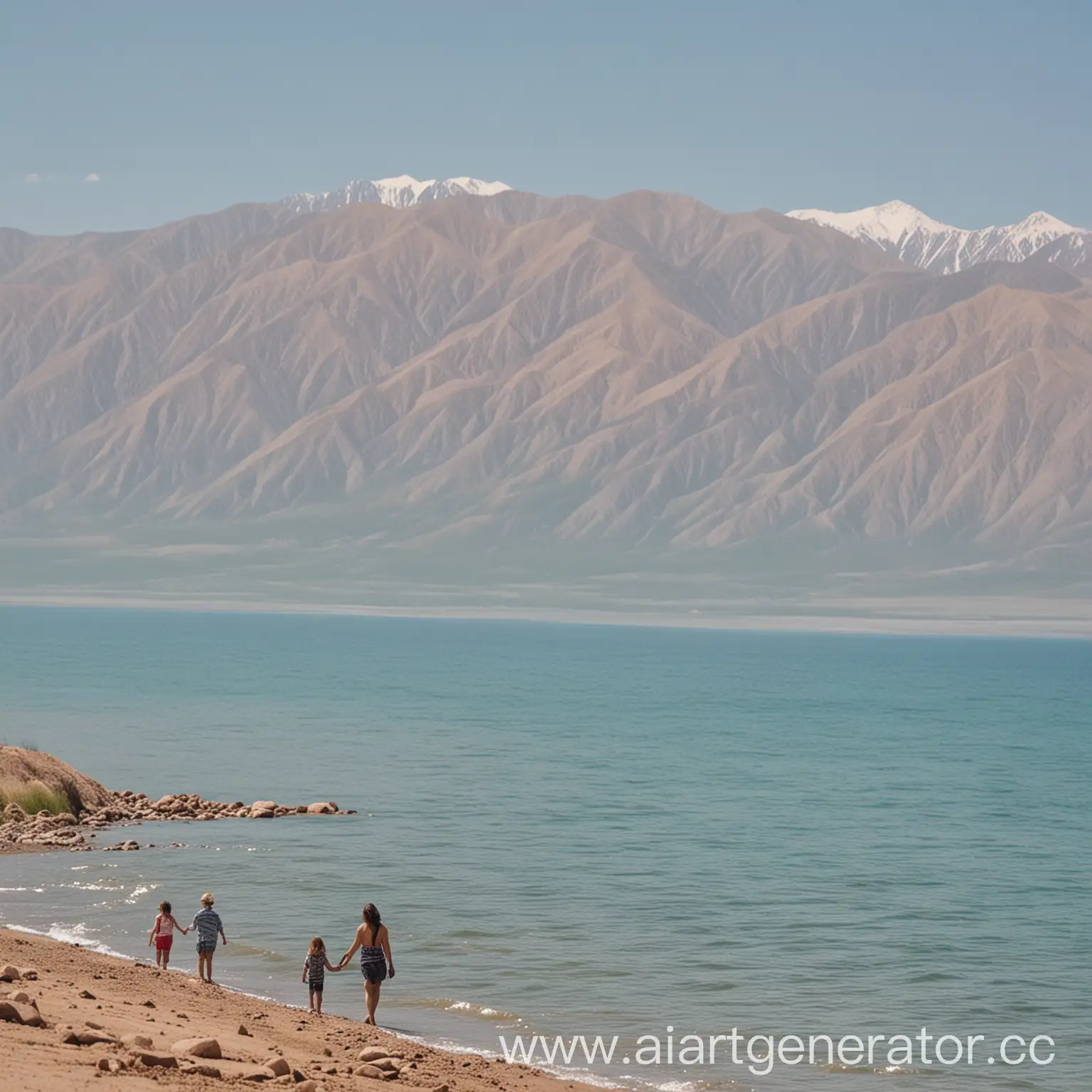 Family-Enjoying-Sunny-Day-at-Clean-Beach-on-Southern-Shore-of-IssykKul
