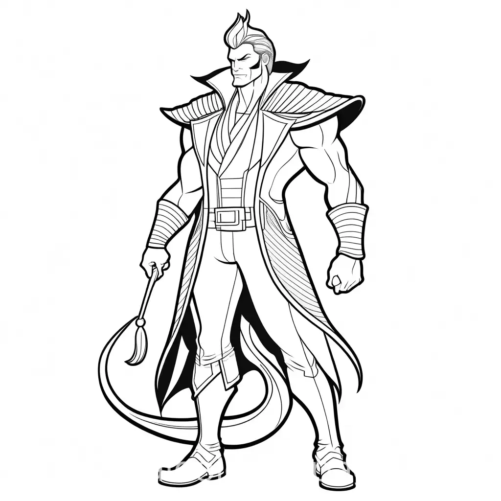 a modern human man with an animal tail and he is a super villain, Coloring Page, black and white, line art, white background, Simplicity, Ample White Space