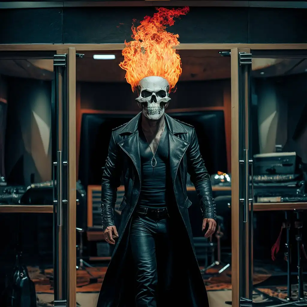 Man emerging out of recording studio with skull thst are on fire
