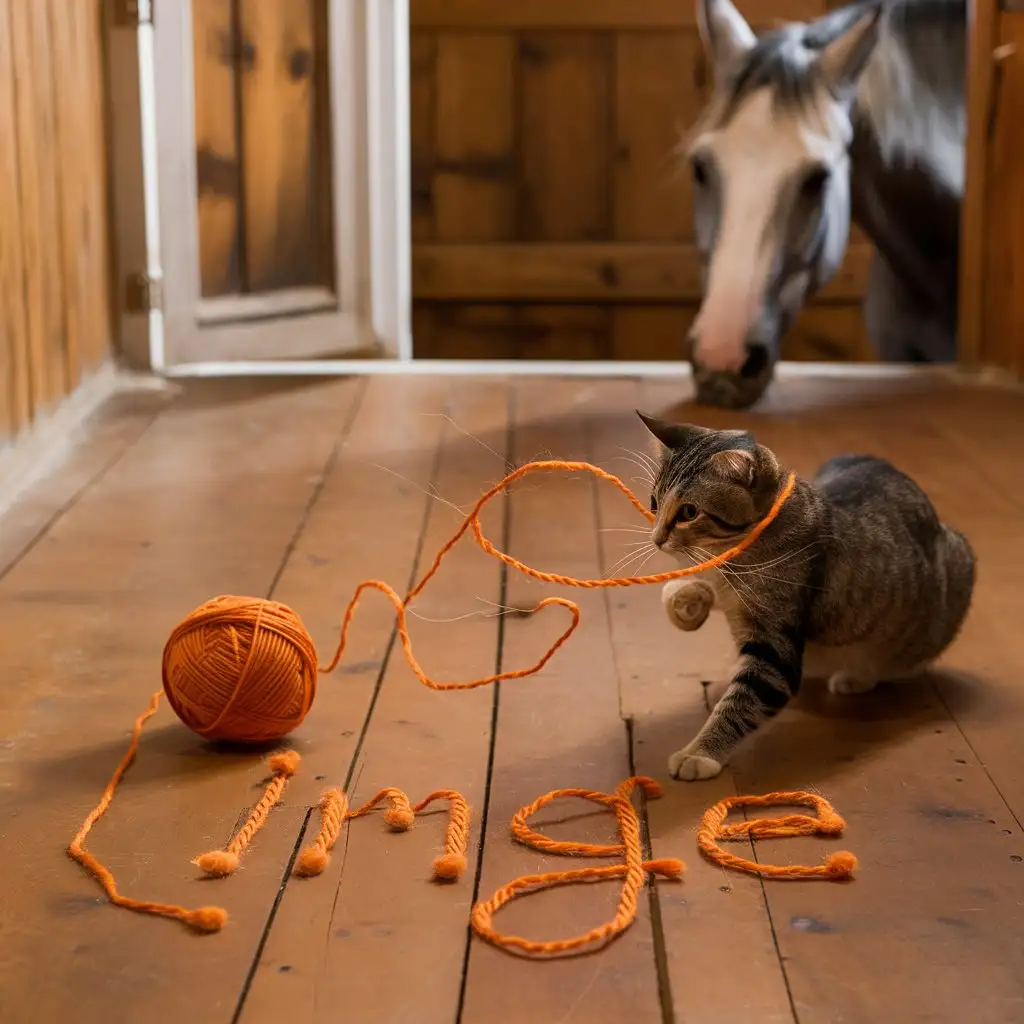 A ball of thin orange yarn, forming the string 'Inge' thinly on the floor, on the floor of a farm room, with a cat playing with the yarn, and a horse in the background