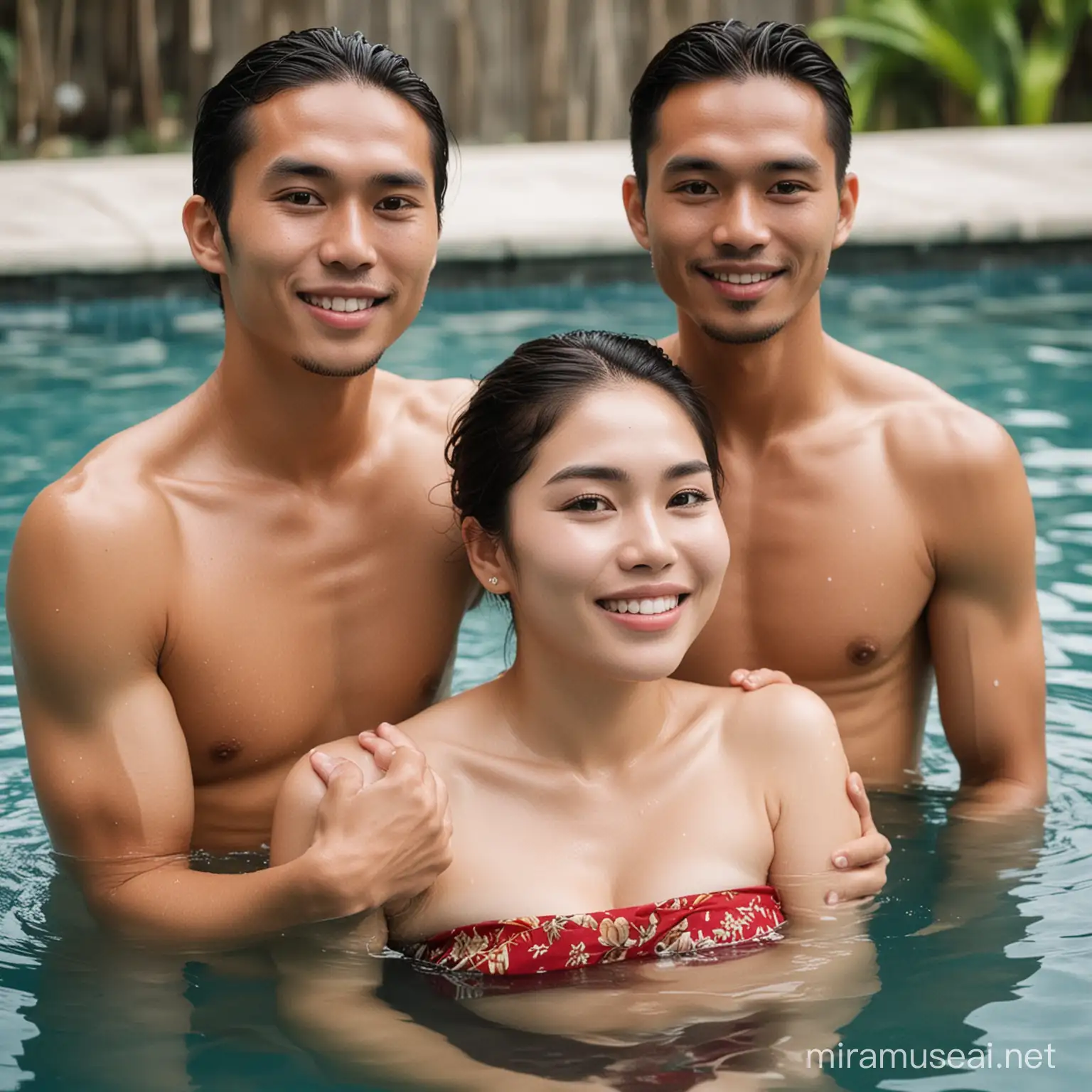 Indonesian Woman in Traditional Attire Embraced by Men in Pool