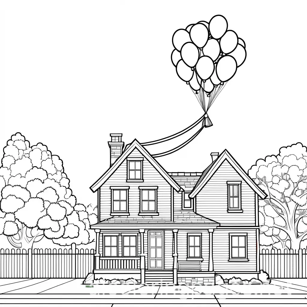 balloons tied to a house from pixar up  flying away 
and happy birthday on the bottom colored , Coloring Page, black and white, line art, white background, Simplicity, Ample White Space. The background of the coloring page is plain white to make it easy for young children to color within the lines. The outlines of all the subjects are easy to distinguish, making it simple for kids to color without too much difficulty