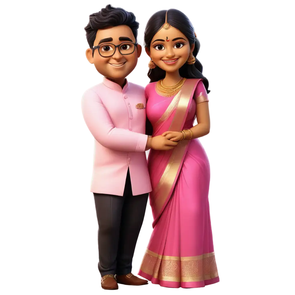 south indian wedding caricature in pinkish outfit of fat bride in saree and groom in shirt