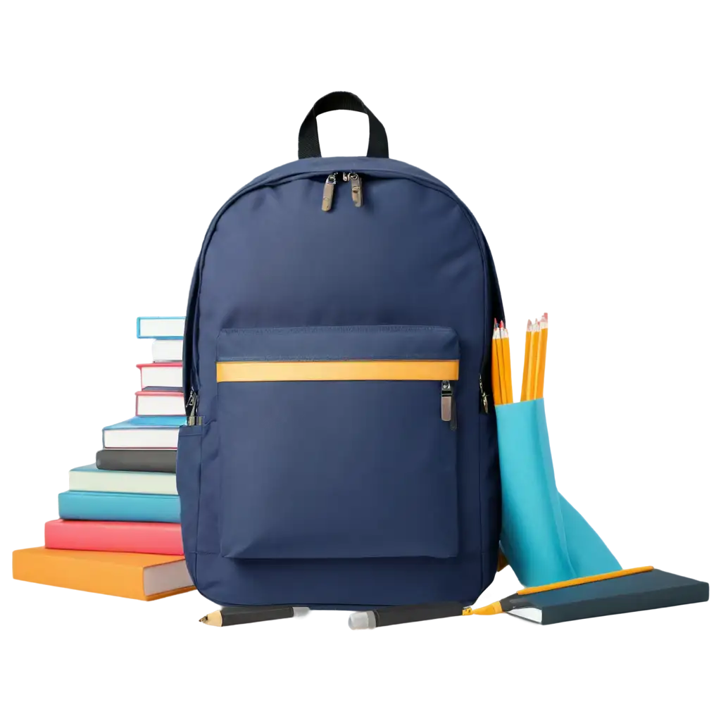 /imagine: A neatly arranged school bag with colorful textbooks and stationery against a crisp white background. 8k, --ar 16:9 --v 6.0