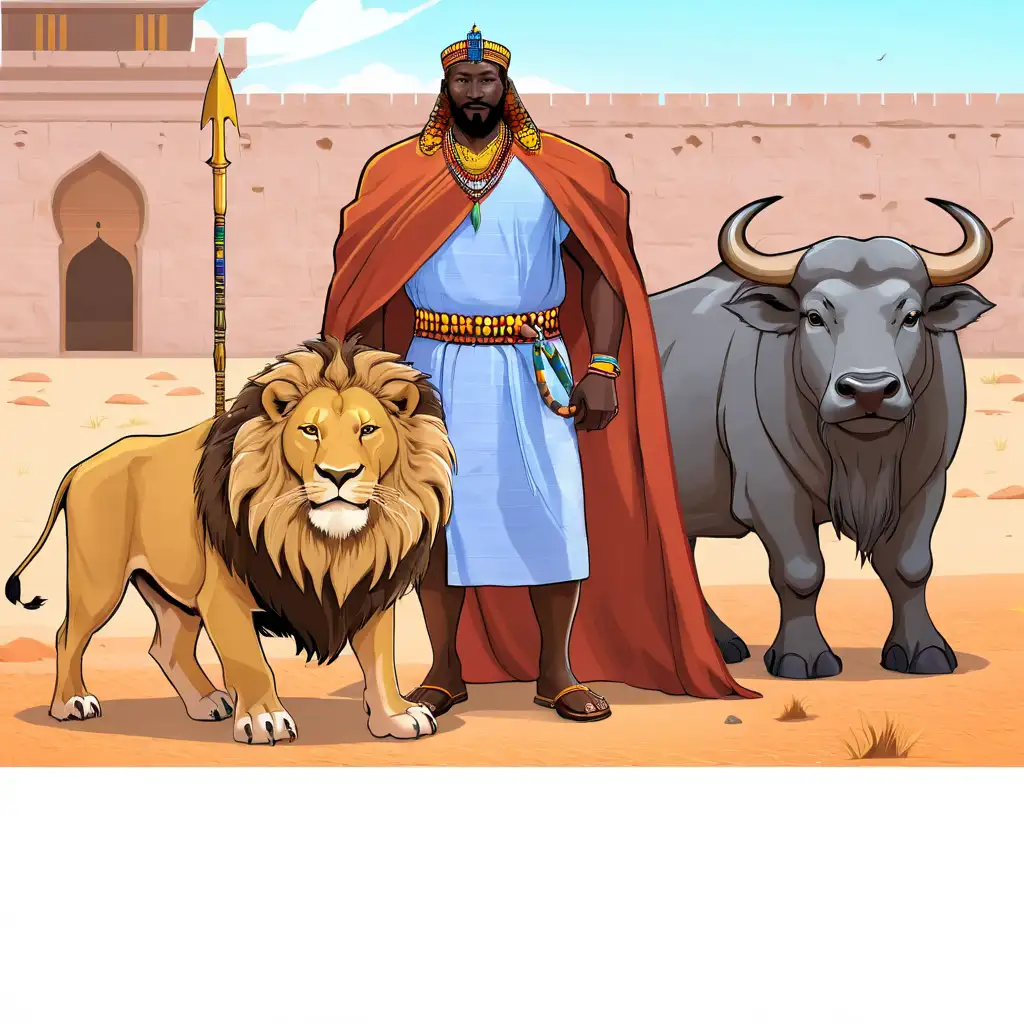 King of Mali standing by a lion and a cape buffalo