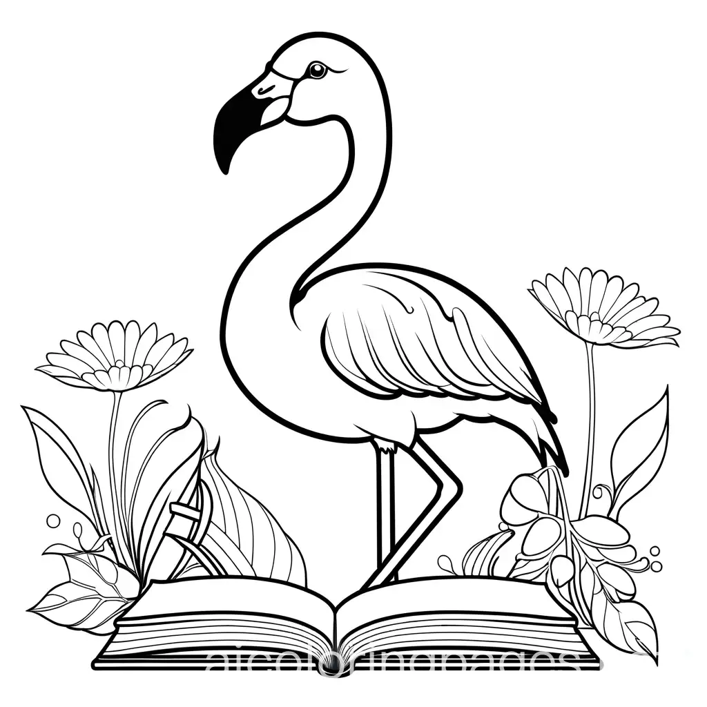 Simple coloring page of a flamingo reading a book in the chibi style, Coloring Page, black and white, line art, white background, Simplicity, Ample White Space. The background of the coloring page is plain white to make it easy for young children to color within the lines. The outlines of all the subjects are easy to distinguish, making it simple for kids to color without too much difficulty
