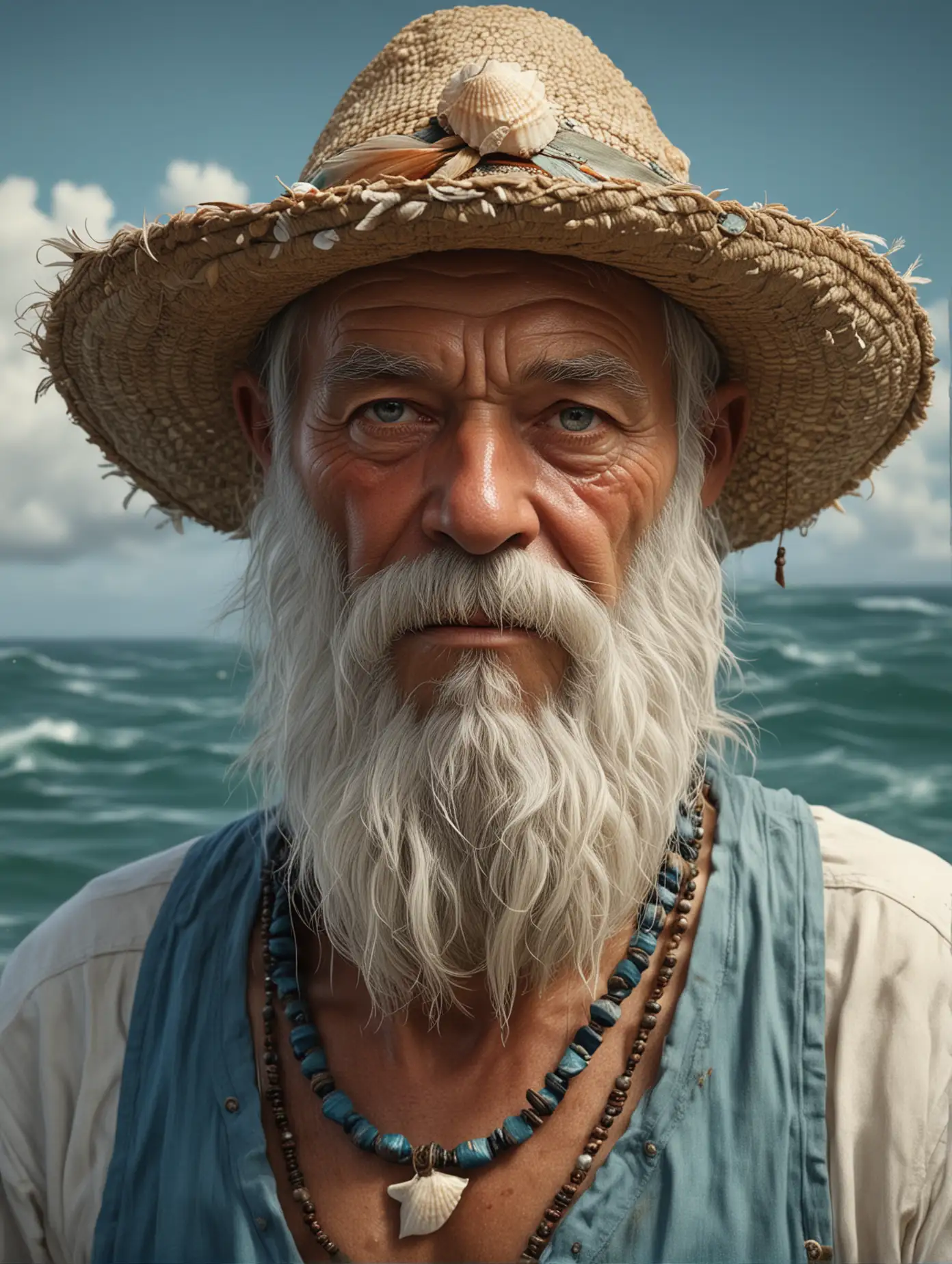 a close up of Santiago, from The Old Man and the Sea, a book by Ernest Hemingway, a very old gaunt Columbian fisherman, lost in his long struggle to catch a giant marlin, with a long white beard and a cyan bucket hat, white shirt, necklaces made from tropical seashells and feathers,  seascape background, a hyperrealistic painting inspired by lee jeffries, zbrush central contest winner, hyperrealism, steven mccurry portrait, photography alexey gurylev, alessio albi