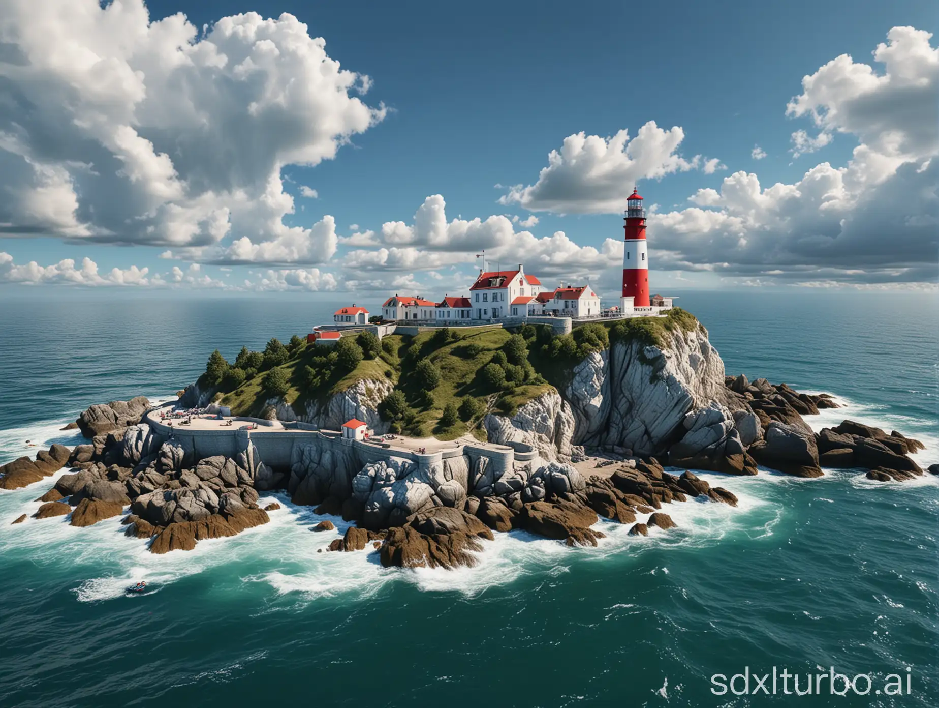 Island with a red and white lighthouse, France, helicopter view, beautiful weather, blue sky, white clouds, 8k, hyper detailed, hyper realistic