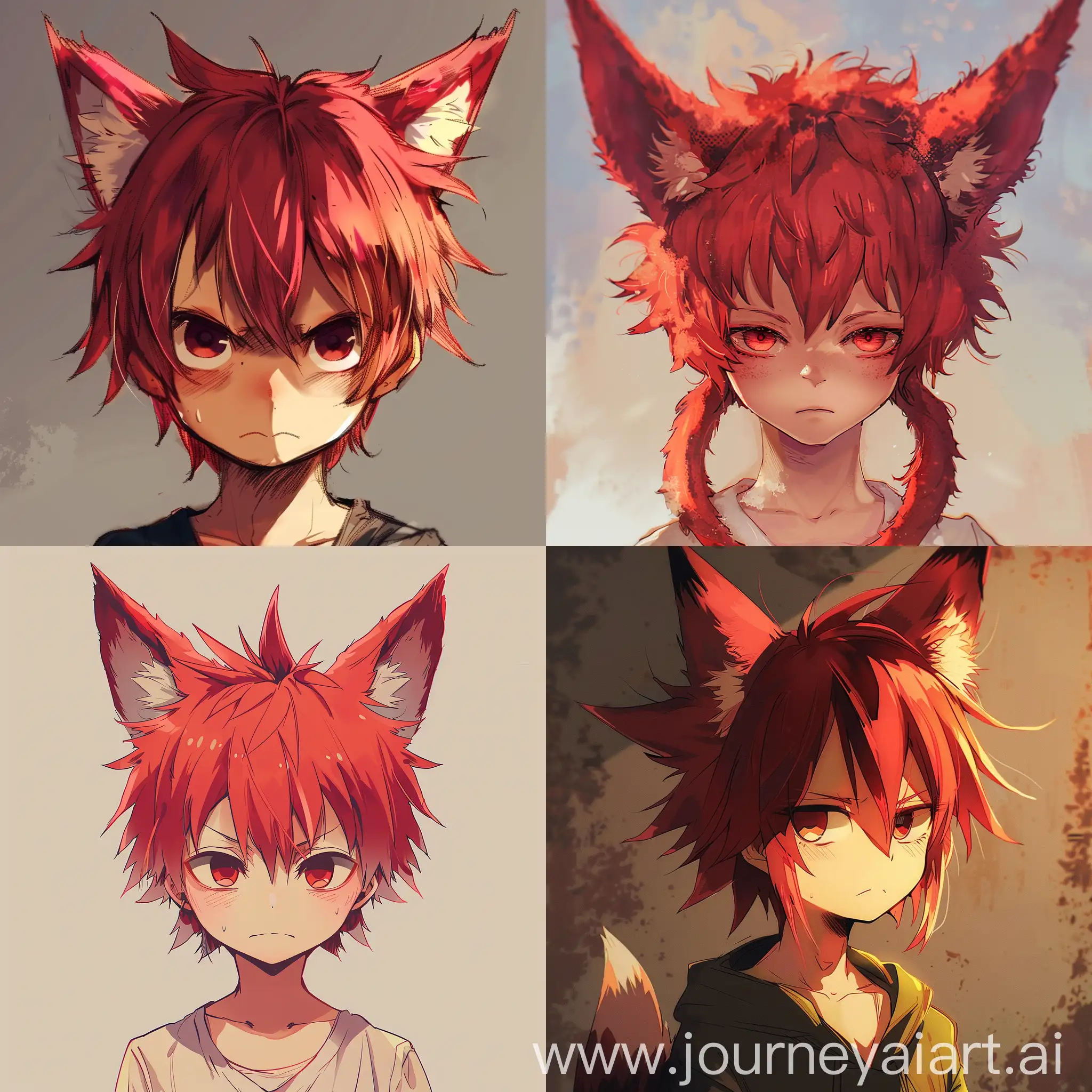 Anime, young boy, red hair, red nine tails, fox ears, grumpy looking, hd, high resolution, cute, blushy, short hair.