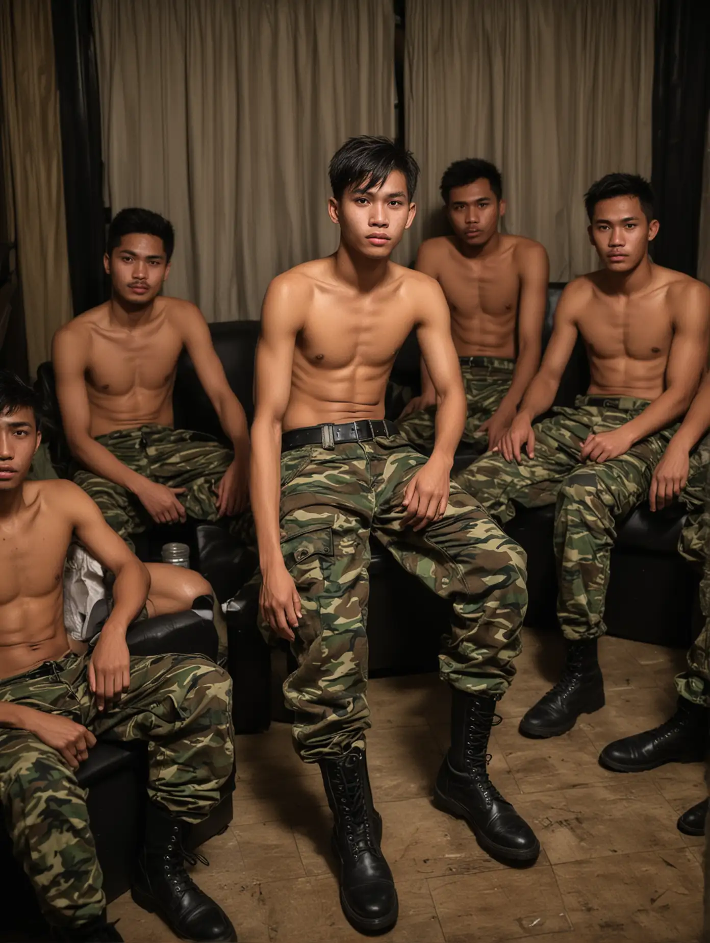 20 year old Indonesian male soldier, bare chested, wearing army camouflage trousers and black boots sitting in a black hotel room at night surrounded by five shirtless men