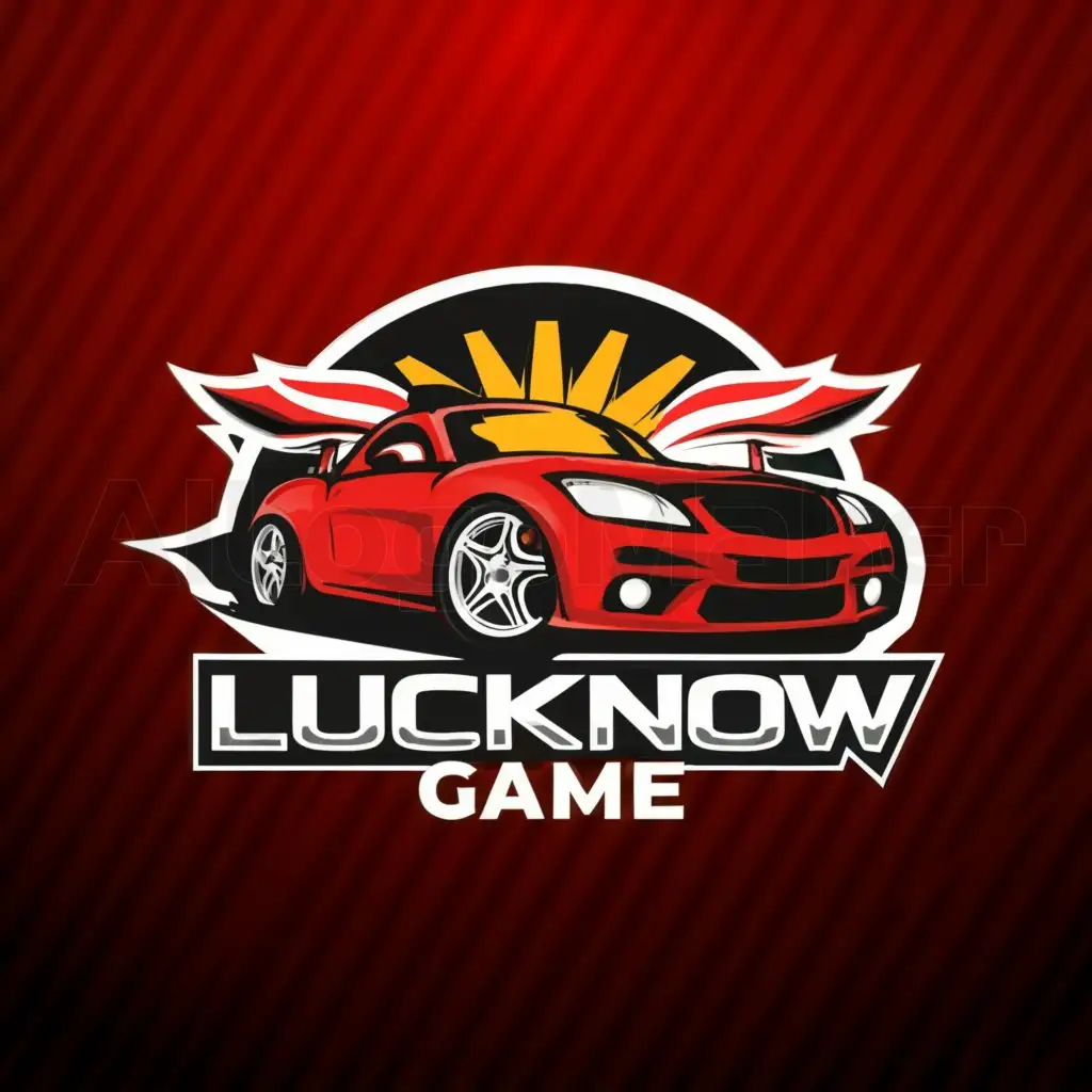 a logo design,with the text "LUCKNOW GAME", main symbol:CAR RACING,  RED, WINNER,complex,be used in INDIA industry,clear background