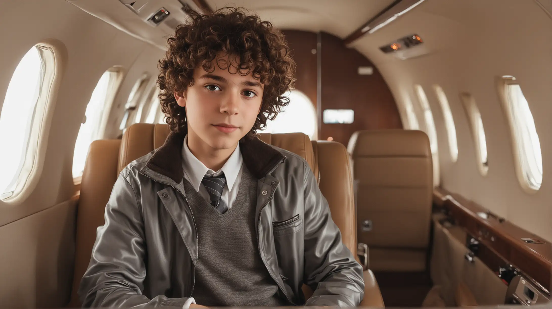 Curly Hair Boy Enjoying Luxury Travel Inside Private Jet