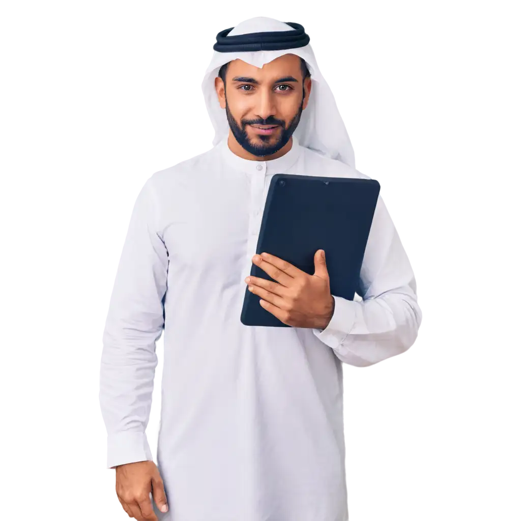 Saudi-Man-in-White-Uniform-Holding-Tablet-HighQuality-PNG-Image-for-Enhanced-Online-Presence