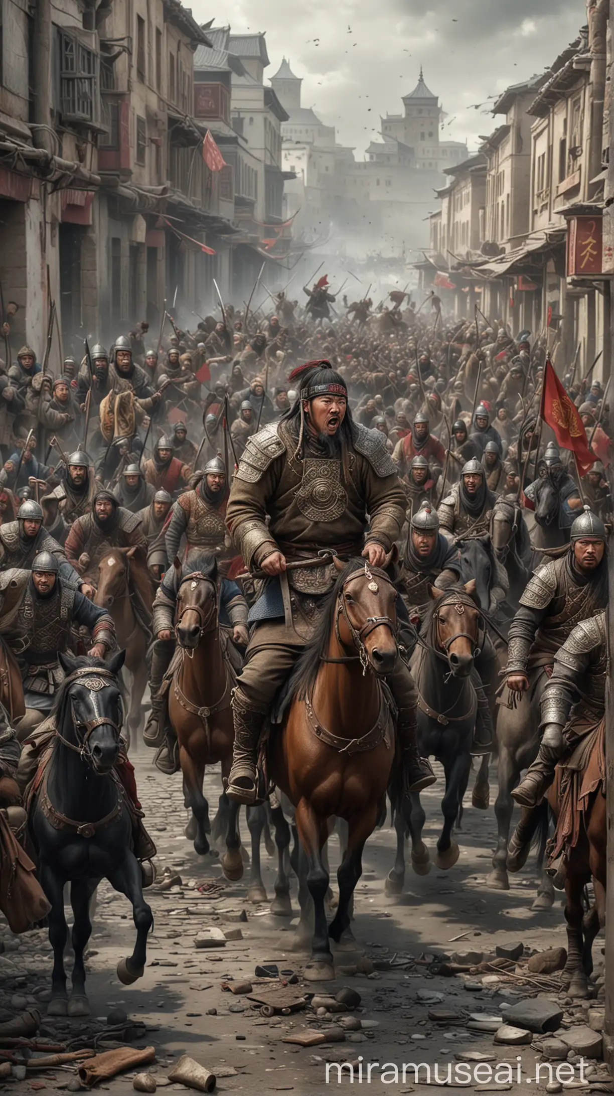 Mongol warriors storming the city amidst the chaos and confusion. hyper realistic