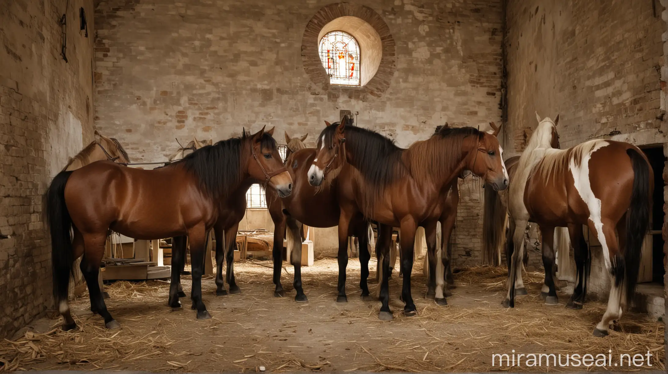 Several horses as if they were inside a stable in a 19th century Catholic church in Italy.