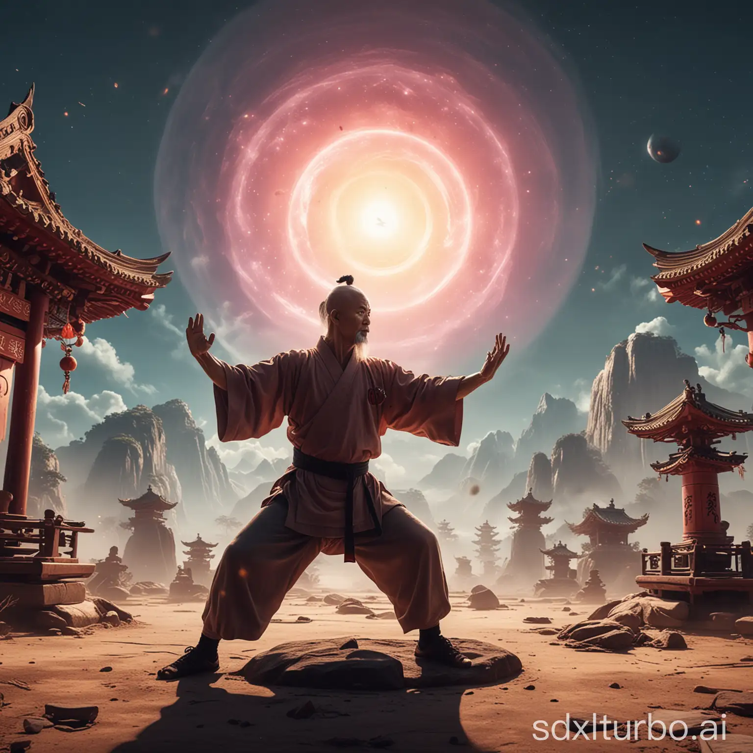 Ein kung fu großmeister umgeben von einer mystischen Aura steht auf einen Planeten der aussieht wie ein dojo.dabei trainiert er mit seinem schüler.er hebt zerschreser Hanteln