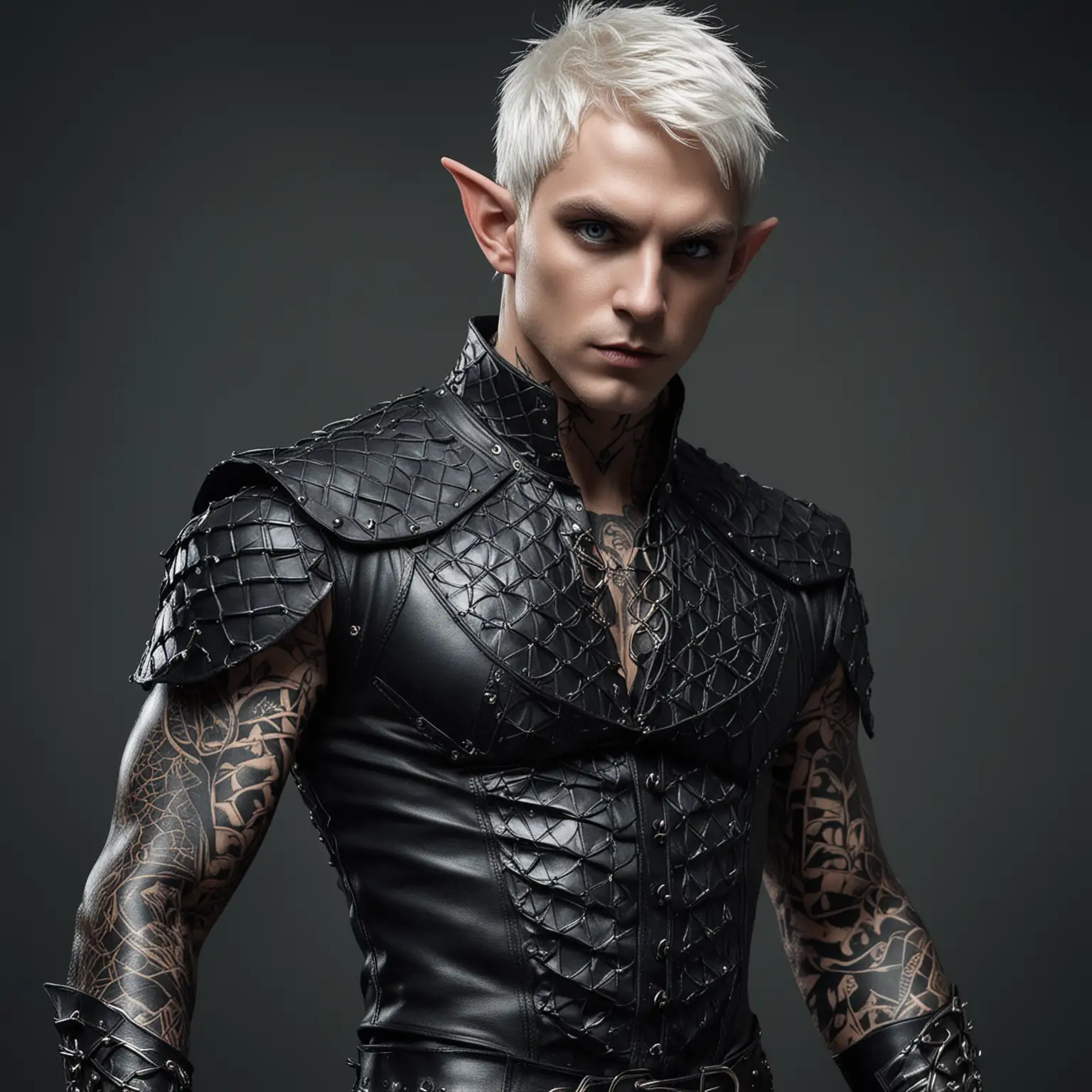 Fantasy male elf, slave, thin but muscular, black leather pants, dragon scale vest no shirt, metal collar, ivy tattoos, deep blue eyes, short white hair, black metal mask, dragon rider, 
 sexy, hot, earth element powers, very beautiful, handsome, sexy, straight nose, flirty, power