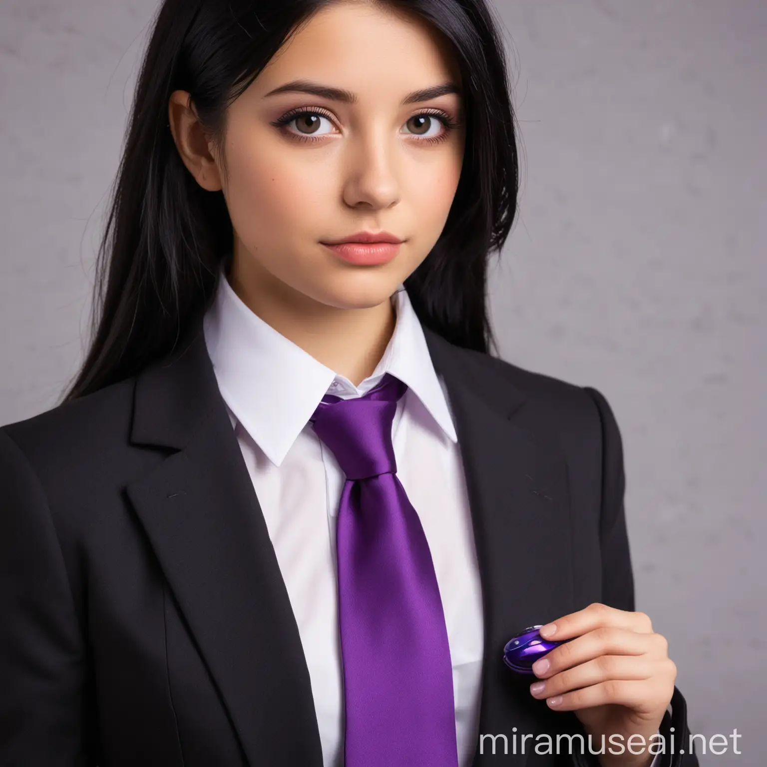 A girl with black hair wearing a formal suit and a violet computer mouse as a necktie