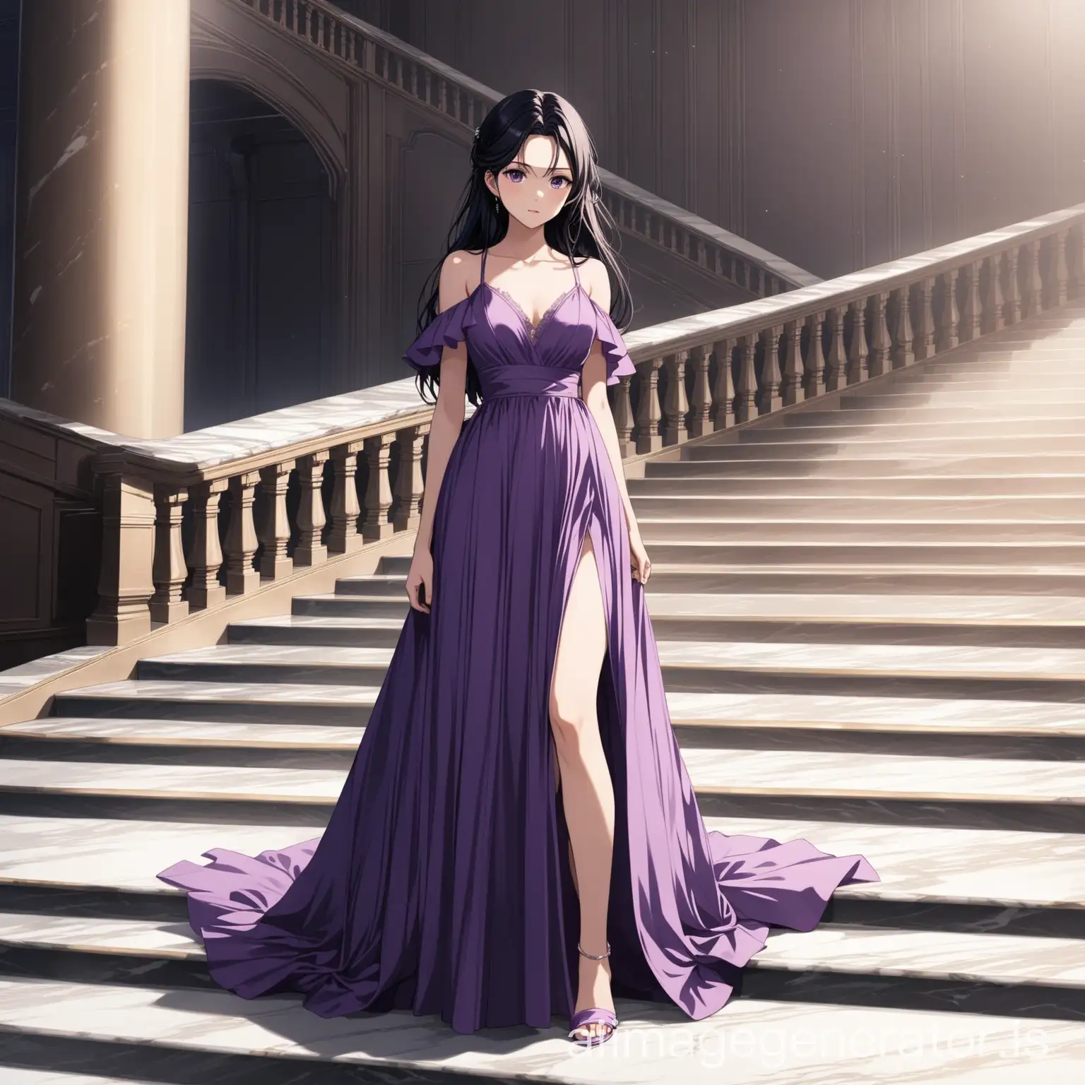 anime girl in a purple gown with black hair standing on marble stairs