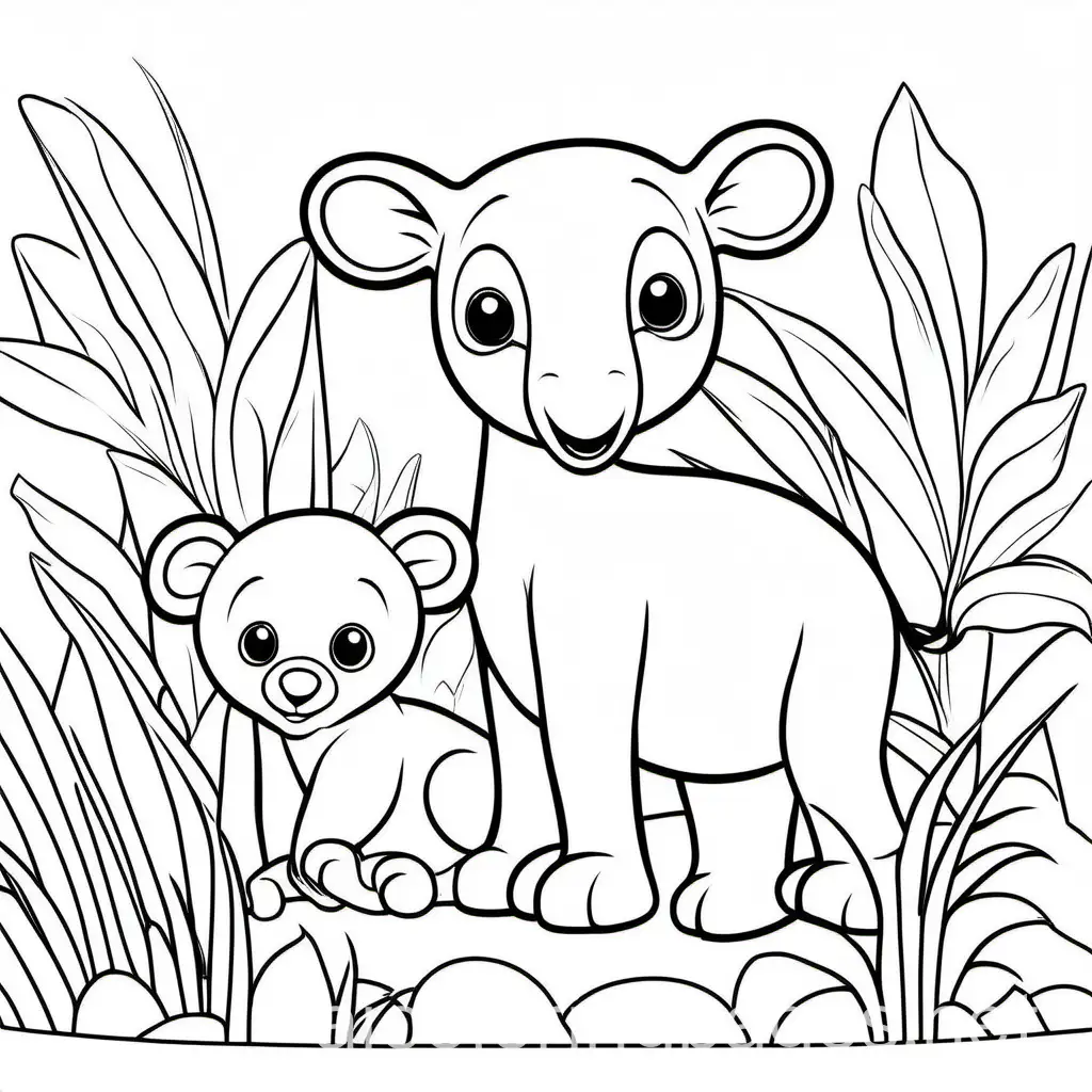 Baby animals being playful, black and white, simple, Coloring Page, black and white, line art, white background, Simplicity, Ample White Space. The background of the coloring page is plain white to make it easy for young children to color within the lines. The outlines of all the subjects are easy to distinguish, making it simple for kids to color without too much difficulty
