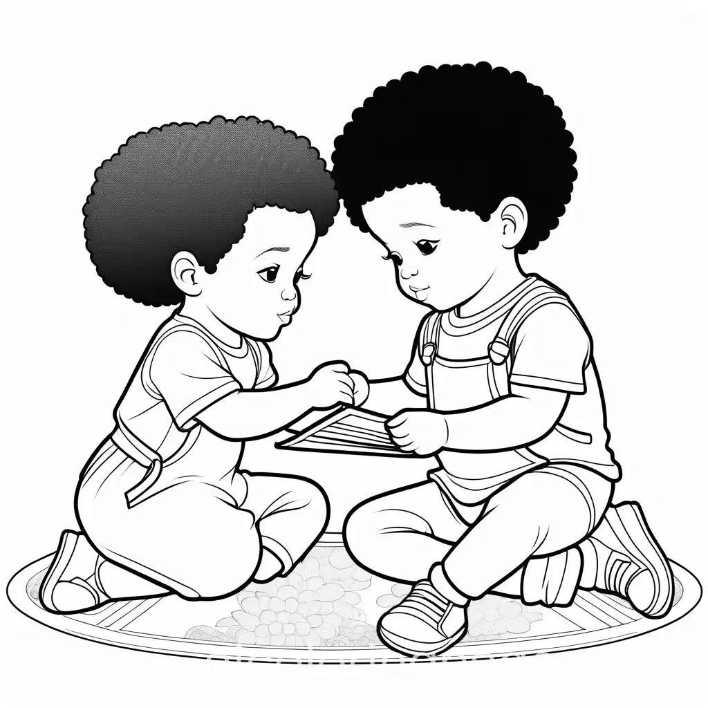 african american toddlers being gentle, Coloring Page, black and white, line art, white background, Simplicity, Ample White Space. The background of the coloring page is plain white to make it easy for young children to color within the lines. The outlines of all the subjects are easy to distinguish, making it simple for kids to color without too much difficulty