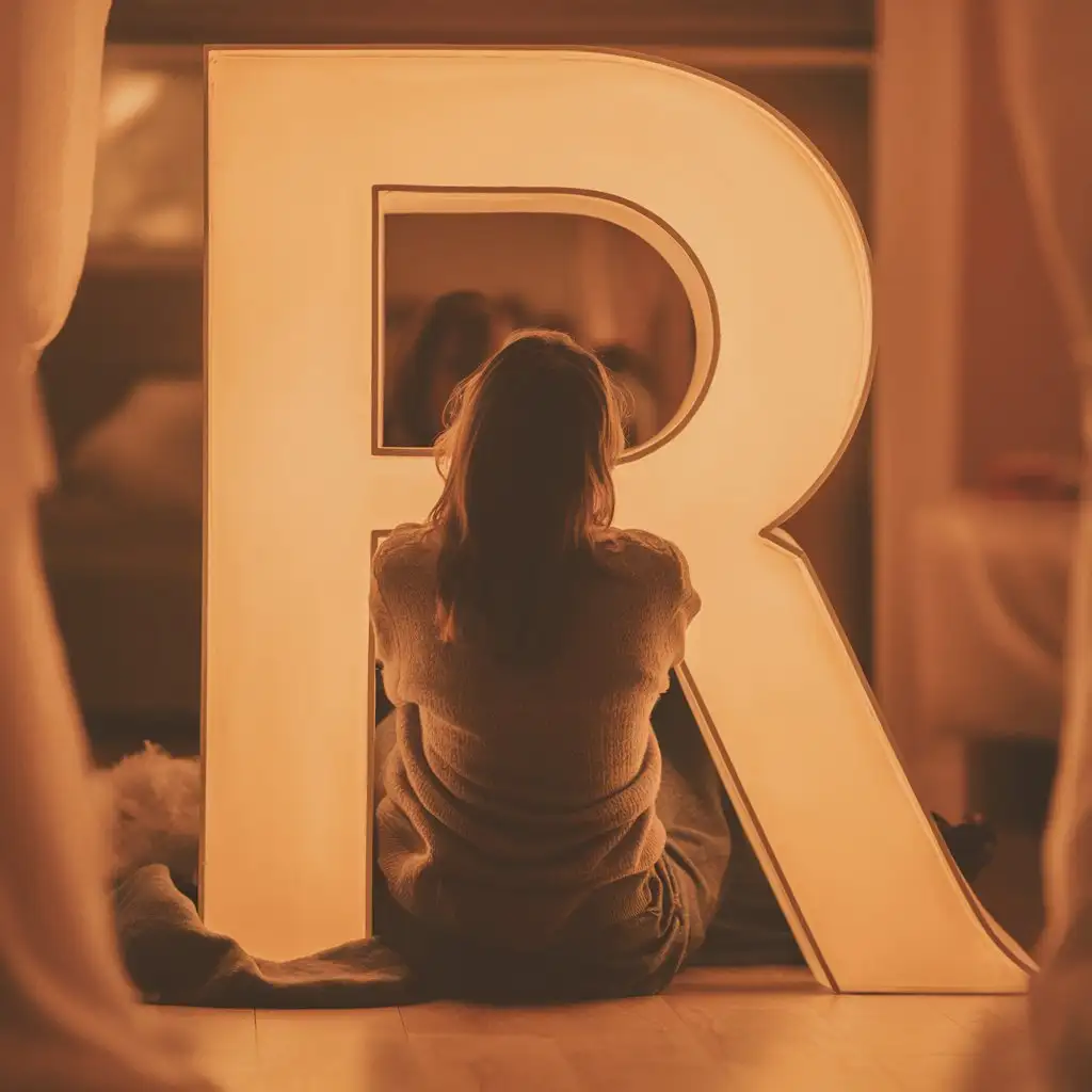 Женщина сидит и опирается спиной на огромную букву R, лицом девушка не смотрит в кадр, картинка в светлых теплых тонах