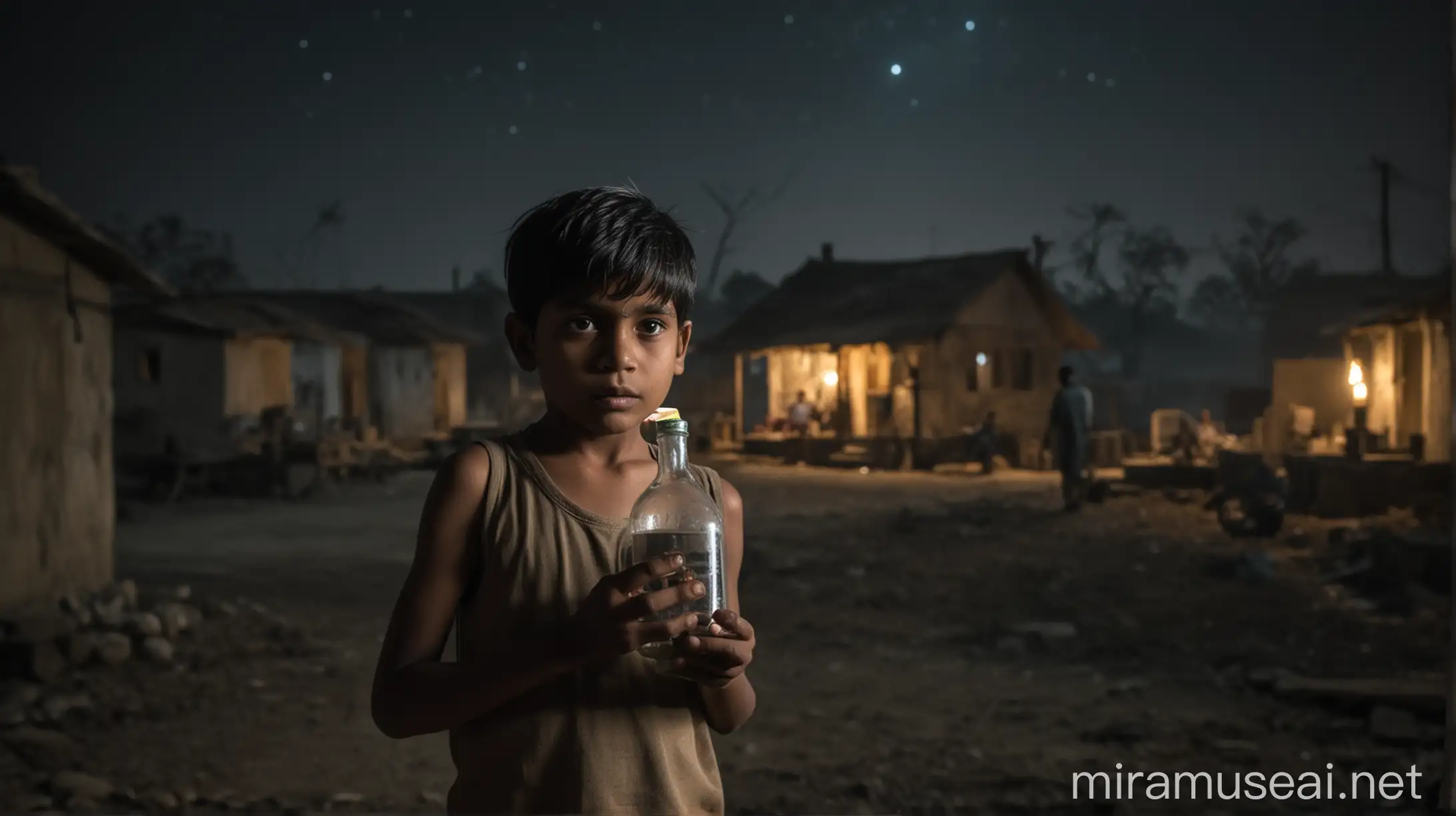 clear focus on 6 years old Indian boy hand, acid bottle in hand, dark scene, backlight, village home in background, night scene