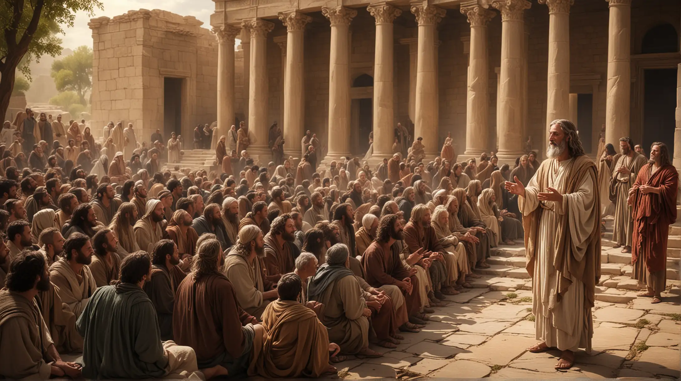 the Biblical Prophet Isaiah talking to a group of people in a temple scenario, during the era Biblical era of Elijah.