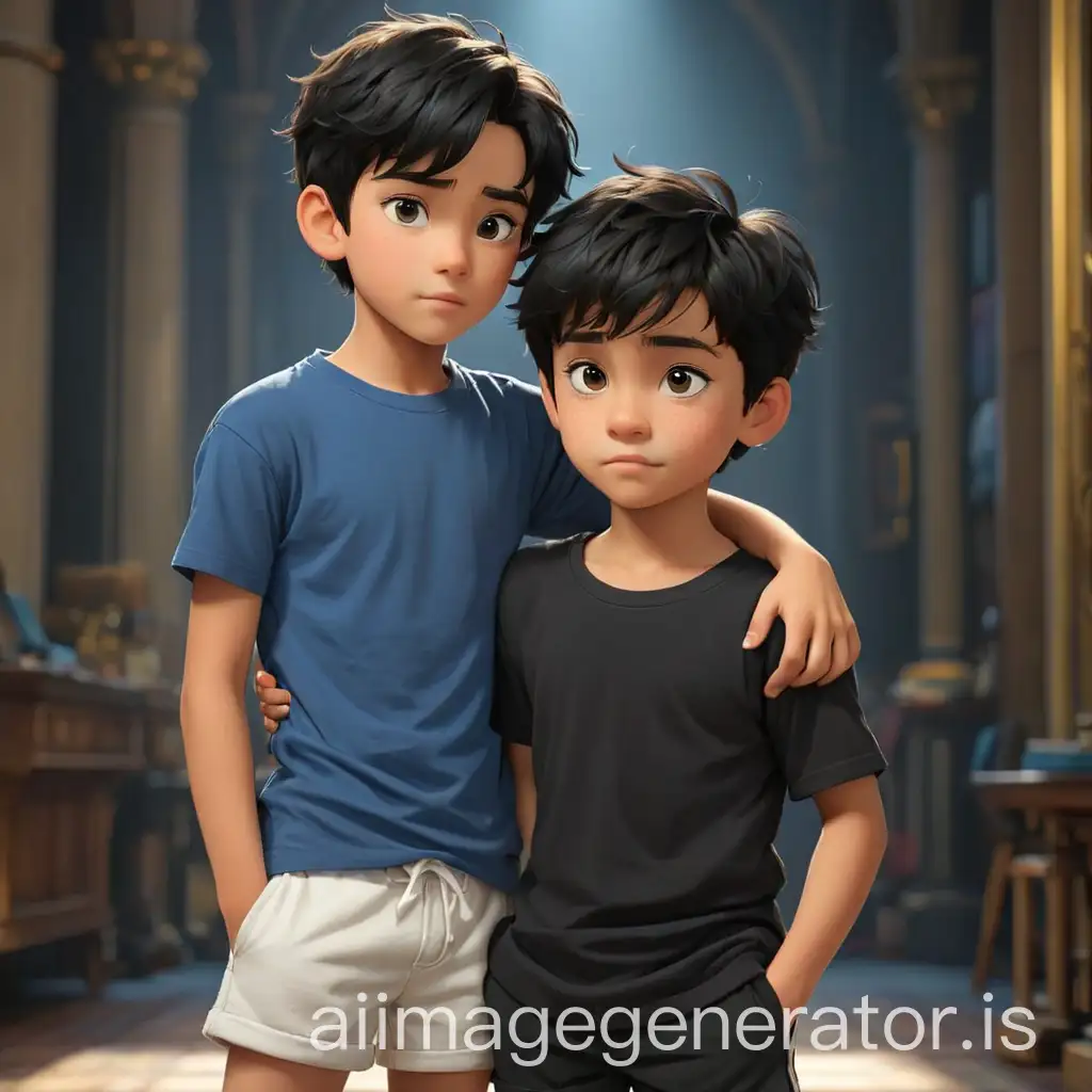 In a magnificent cinema scene, the big brother with fair skin and black hair was wearing a black t-shirt and white shorts, and he had his hand on his little brother's shoulder. As for the little brother, he had tan skin and black hair, and he was wearing a blue t-shirt and black shorts. They were at the end of the scene and the sun was shining bright, and the scene was cinematic