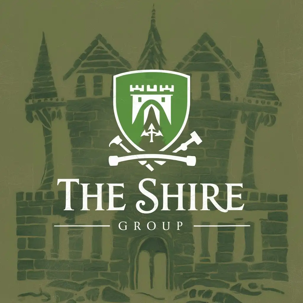 a logo design,with the text "Shire Group", main symbol:Create a logo for my company called Shire Group. The style should be traditional, with a color palette that includes green. It could be only green or green with other colors. Shire Group is a construction and real estate development company specializing in traditional stone construction homes and development of agricultural neighborhoods. Our homes are natural, built in a traditional style, and connected to the outdoors, durable, and oriented to community interaction. The people who buy our homes value living in community, participating in the production of food, enjoy homesteading, appreciate historical architectural styles, and enjoy the outdoors. Many of the people interested in our homes are religious and appreciate the religious art in our neighborhoods. Some symbols that we connect with our brand: castle, tower, shield, tree, livestock, market, medieval or renaissance fonts and styles, fantasy fiction stories, hammer, chisel.,Moderate,be used in construction and real estate development company industry industry,clear background