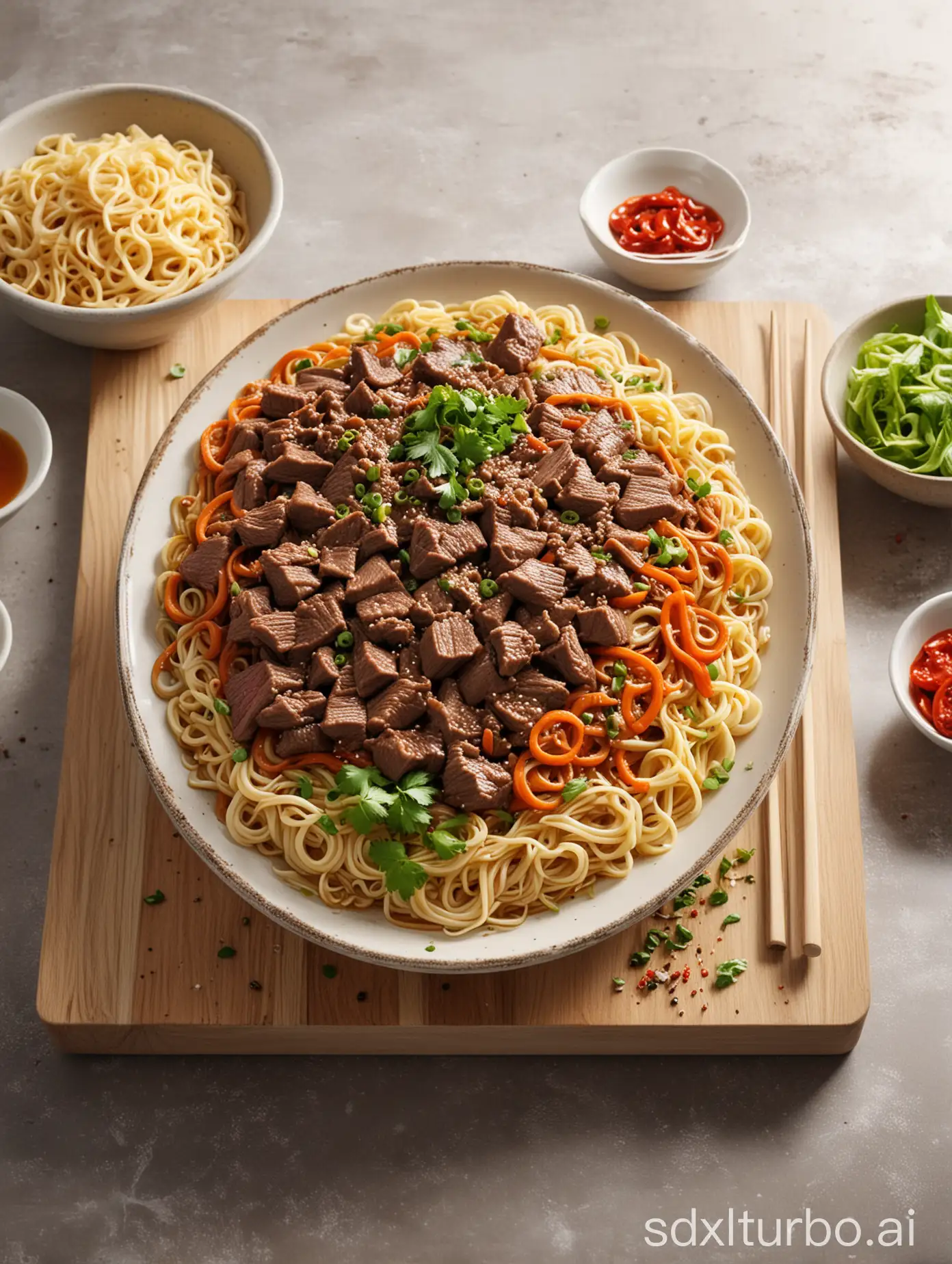 A plate of steaming spicy beef and noodles, and some ingredients, against the backdrop of a bright kitchen island, perfect timing, very real light and texture, a work of food noodles