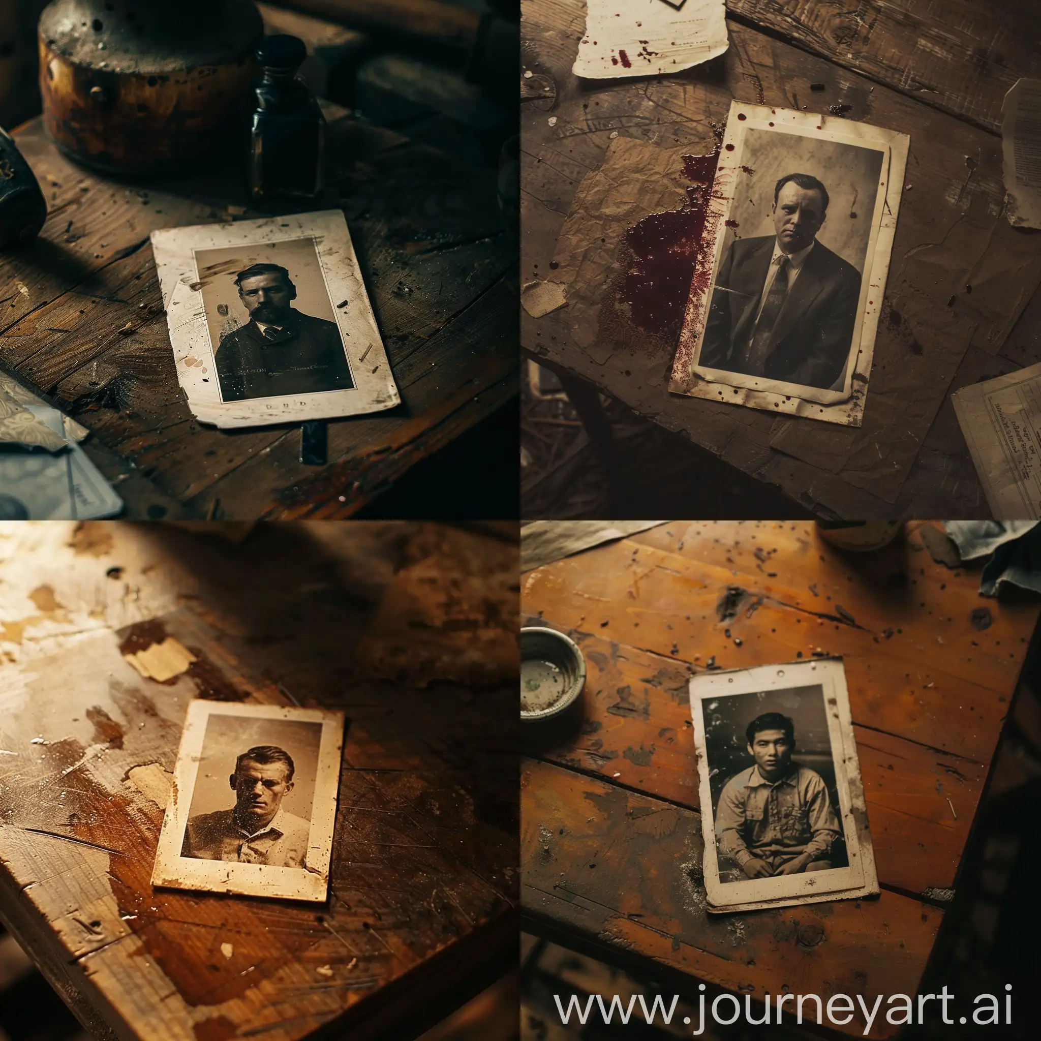 A photo of a murdered man on a wooden table