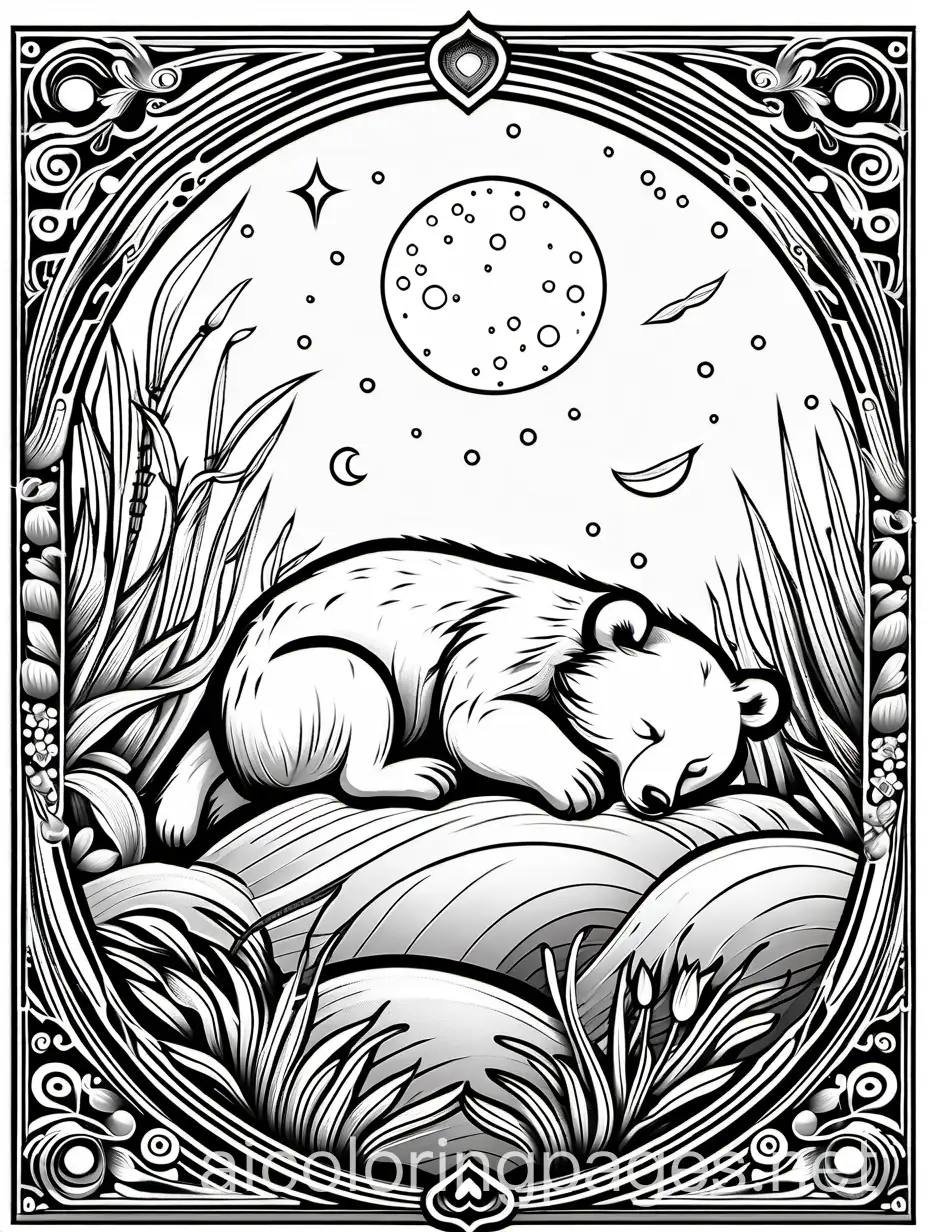beneath an ivory moon, the bear cub lay sleeping, Jean-Baptiste Monge style, Coloring Page, black and white, line art, white background, Simplicity, Ample White Space. The background of the coloring page is plain white to make it easy for young children to color within the lines. The outlines of all the subjects are easy to distinguish, making it simple for kids to color without too much difficulty