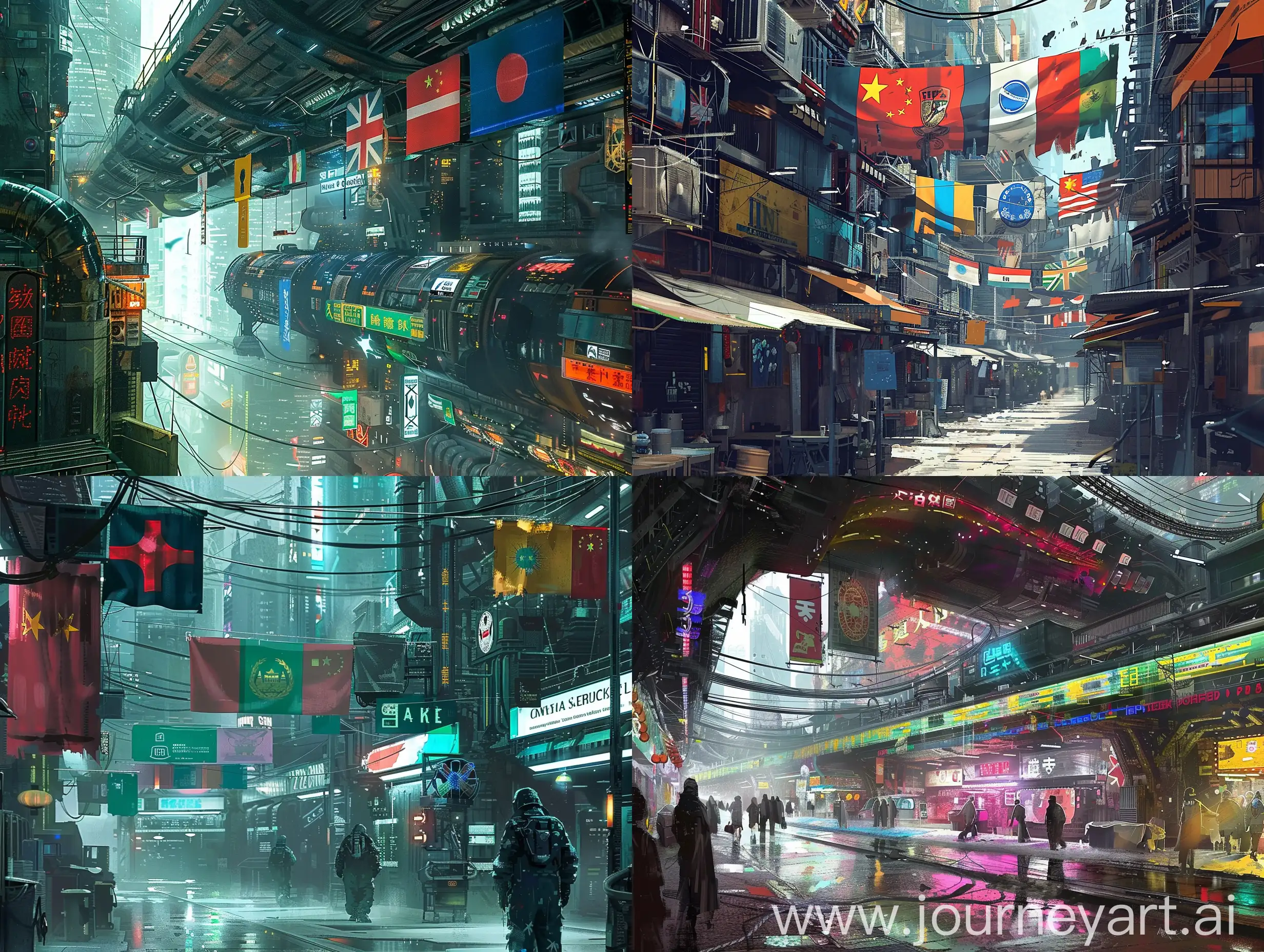 Cyberpunk-Business-District-with-Silk-Road-Nations-Flags