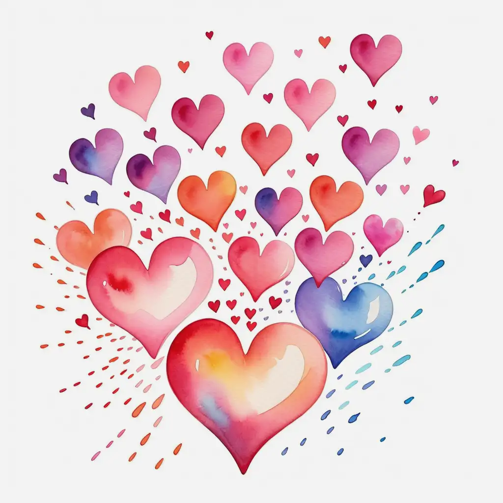 image of a falling hearts watercolor drawing on a blank background