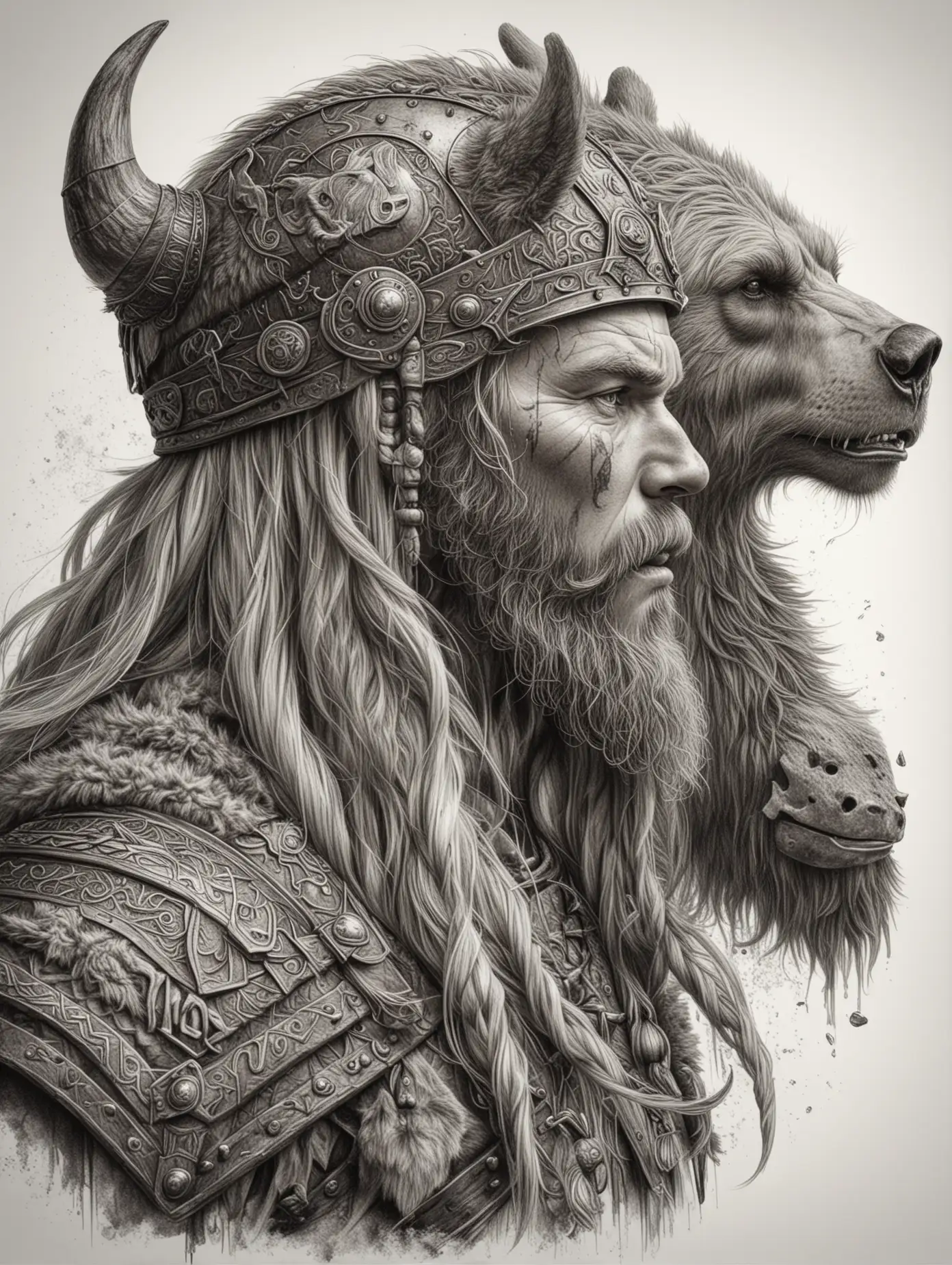 Realistic-Viking-Warrior-with-Bear-in-Pencil-Sketch