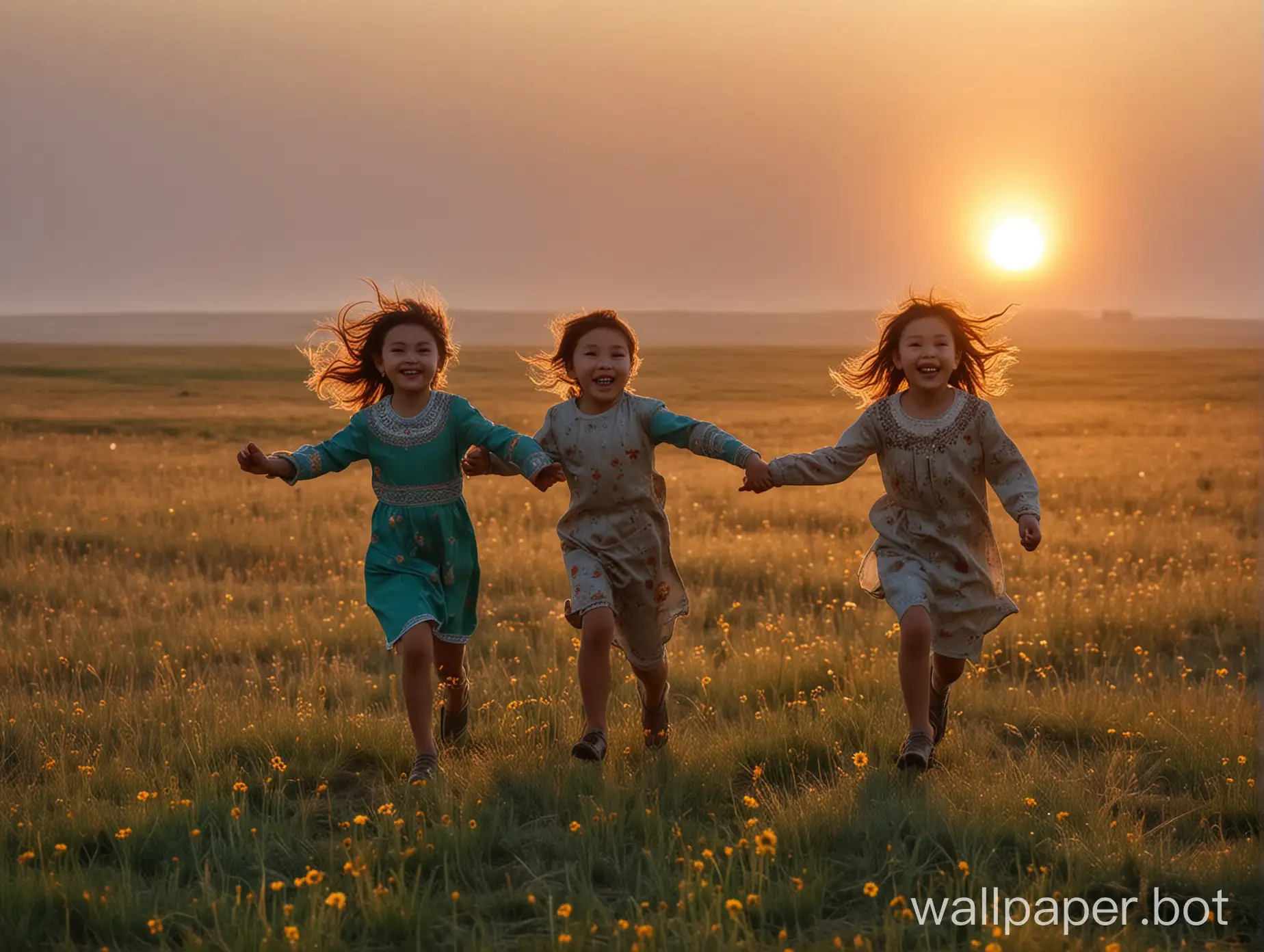 Kazakh children run to meet the sun on the field joy evening