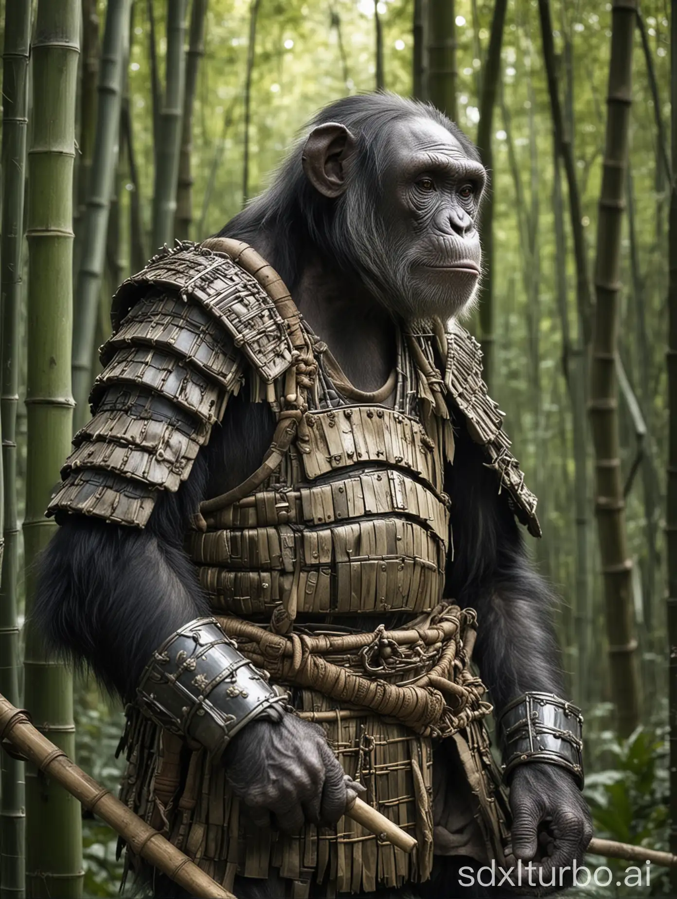 very old and grey chimpanzee, wearing samurai armor, in a bamboo forest
