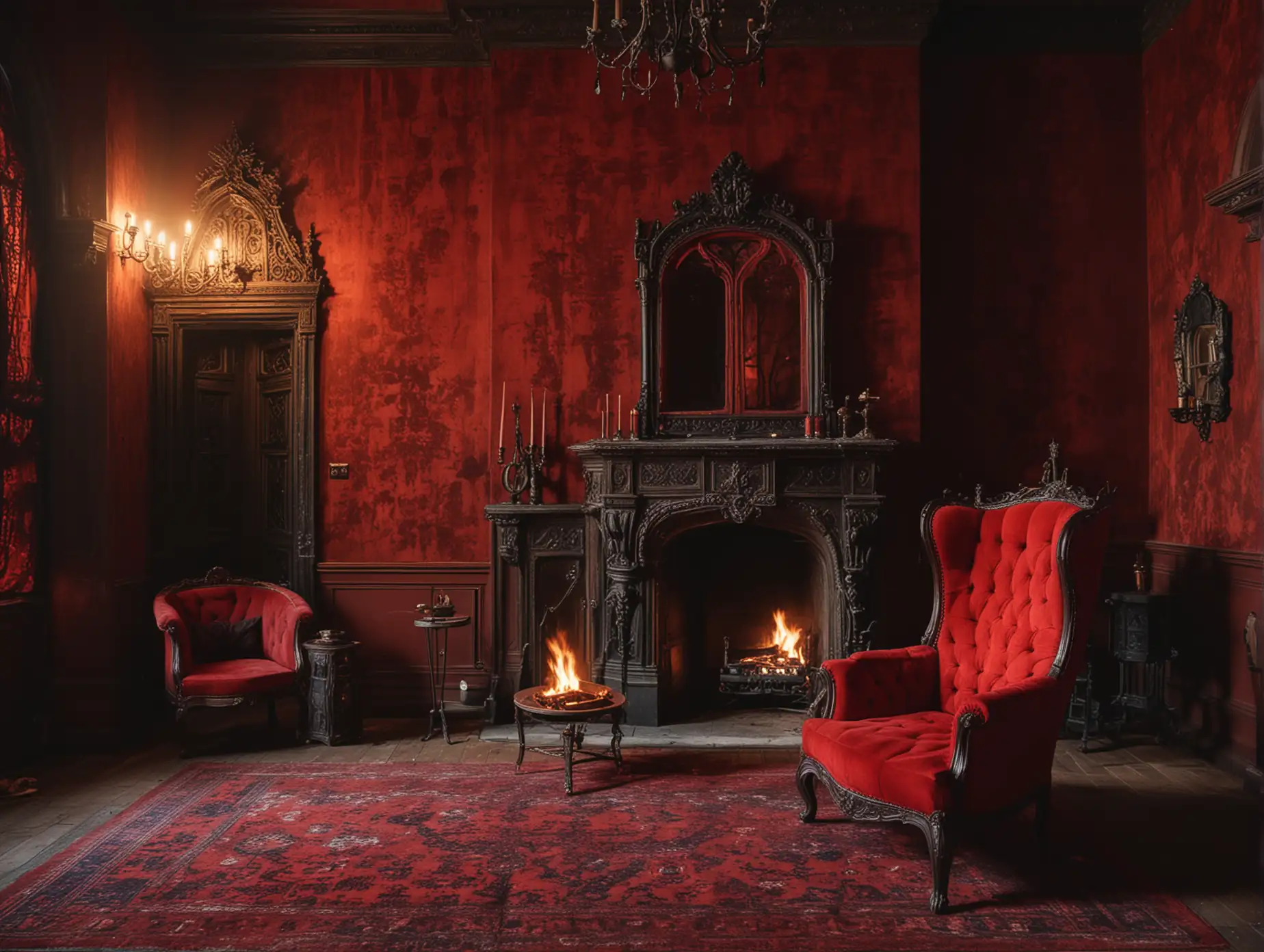A RED THRONE IN FRONT OF AN OPEN FIRE IN a RED gothic mansion lounge